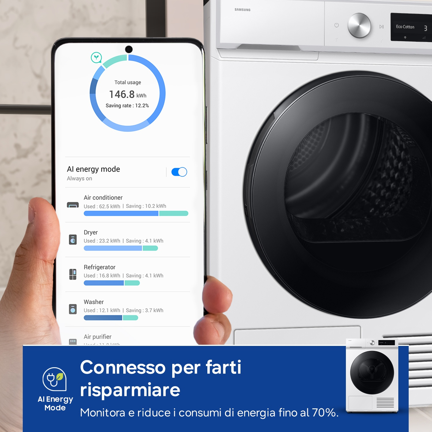 Uno smartphone mostra un'app di gestione energetica accanto a una lavatrice bianca.