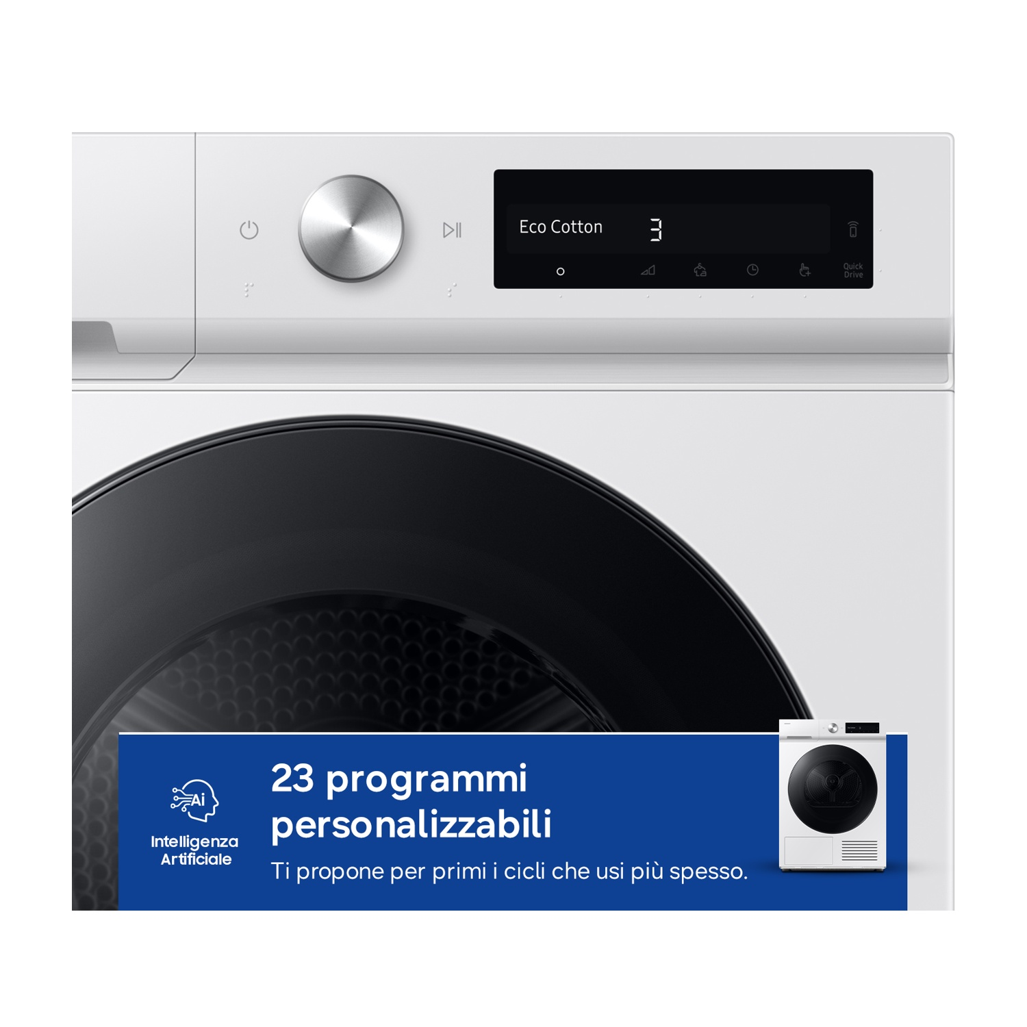 Lavatrice bianca con display digitale e IA per 23 programmi.