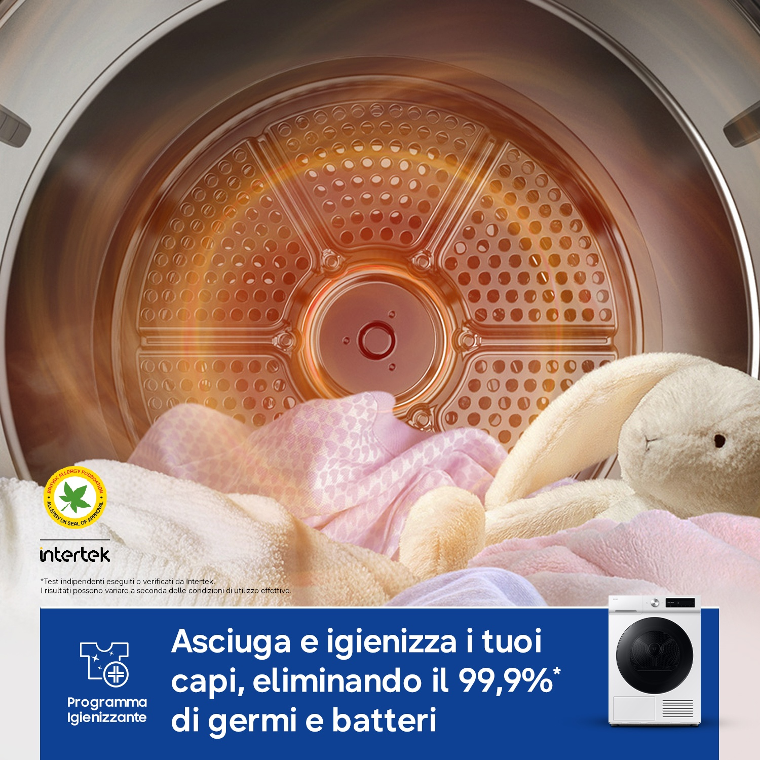 Asciugatrice con biancheria e peluche, elimina germi.