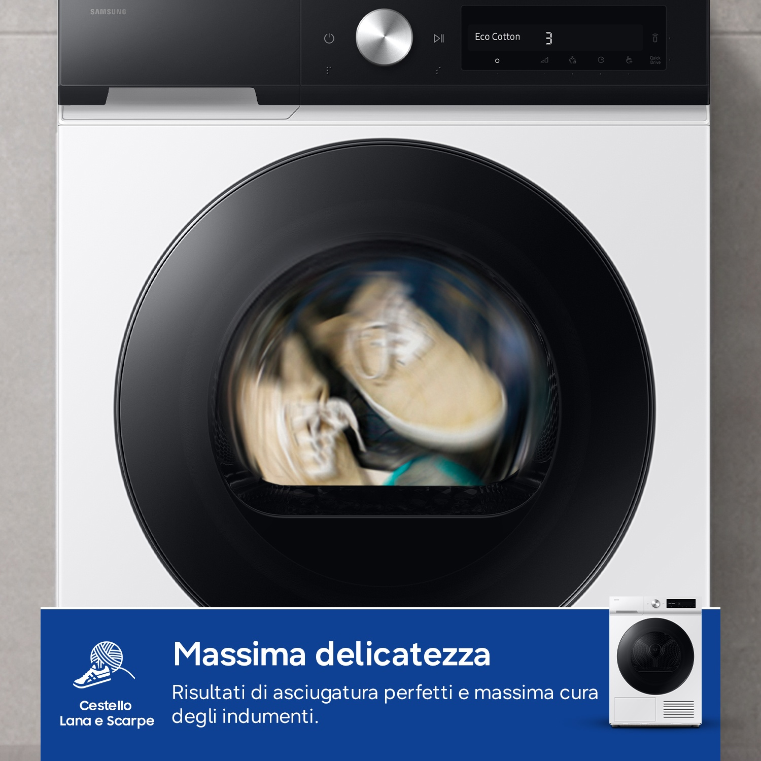 Una asciugatrice Samsung con scarpe nel cestello e pannello.