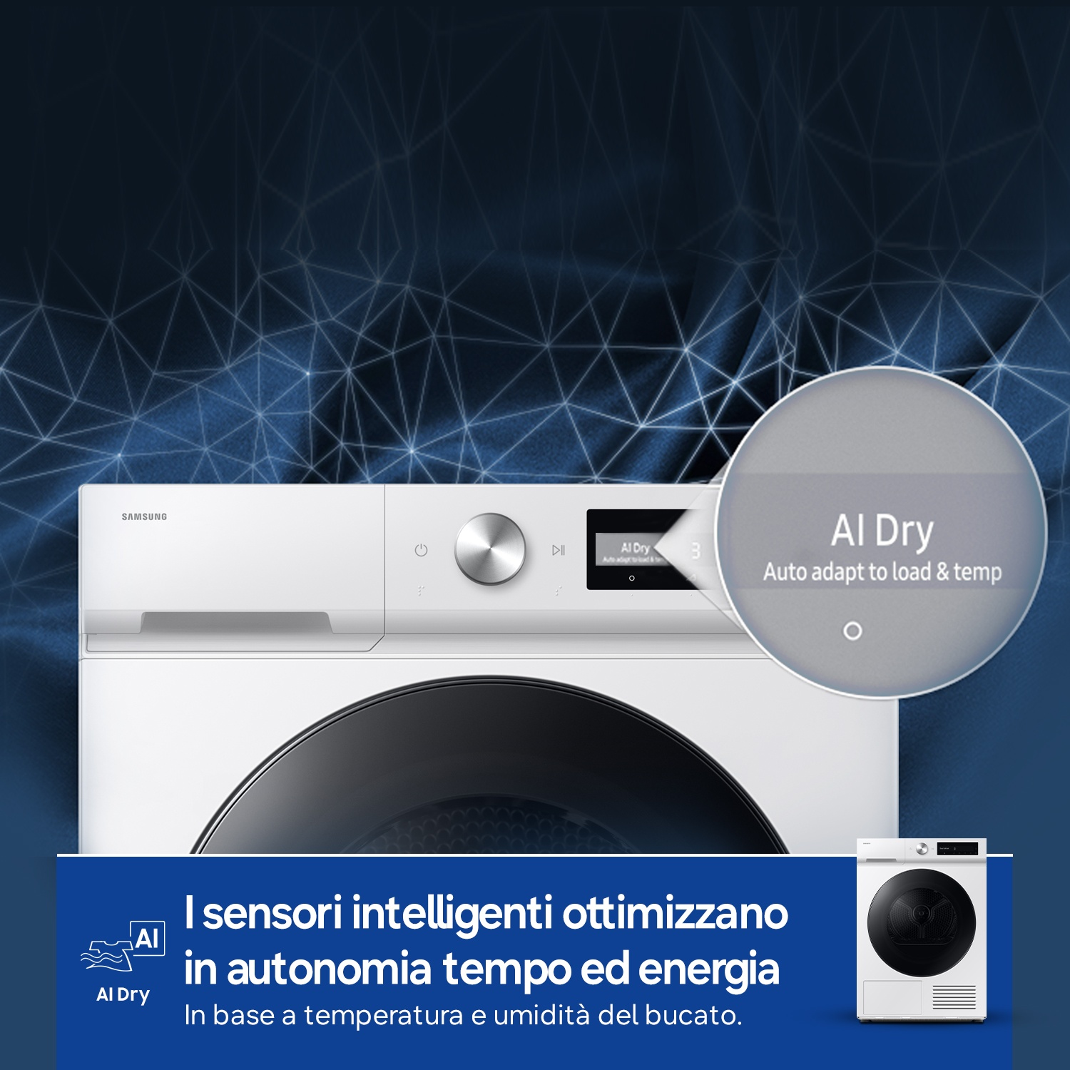 Lavatrice Samsung AI Dry con display digitale e funzioni smart.