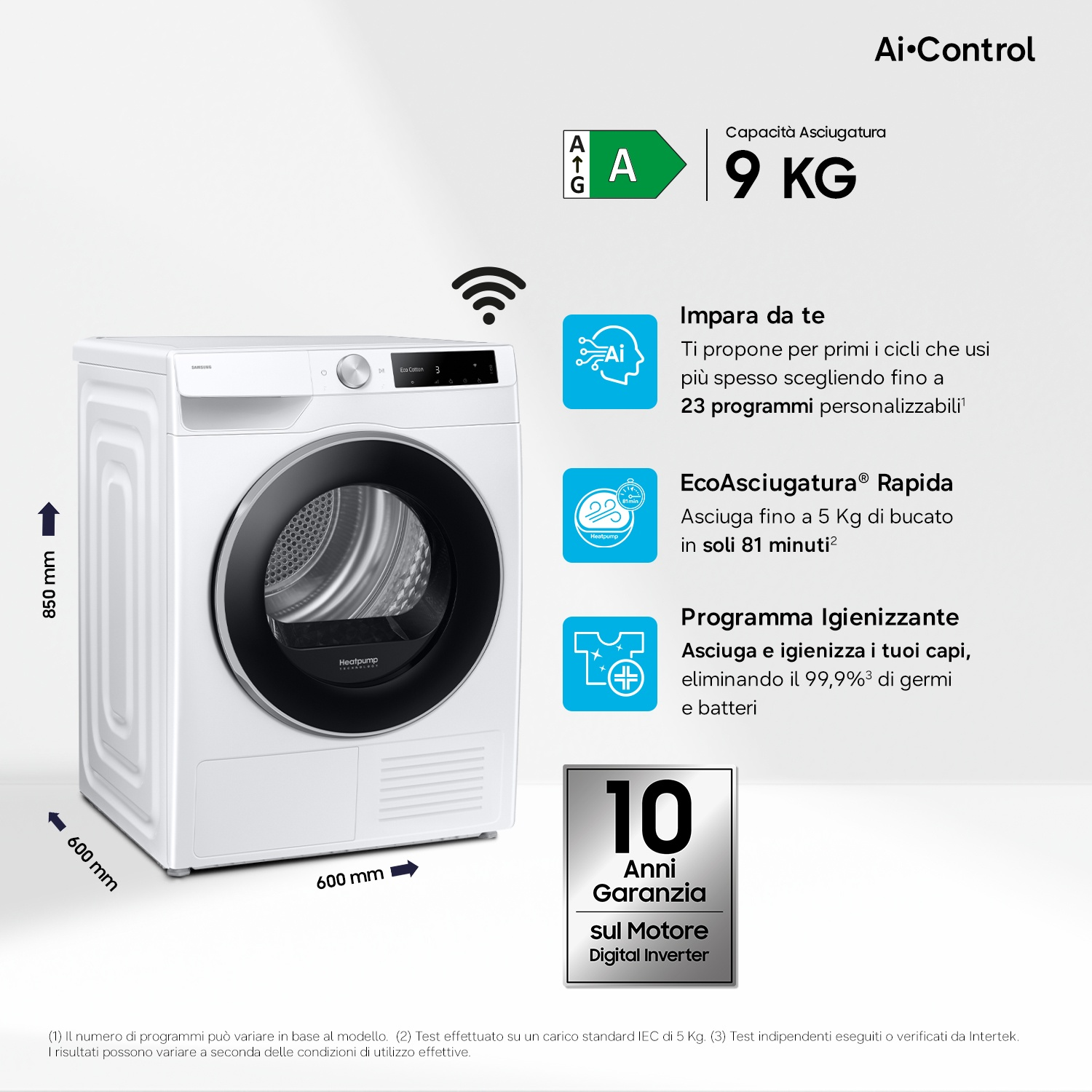 Asciugatrice Samsung bianca, pompa di calore, 9 kg, classe A, 85x60x60 cm.