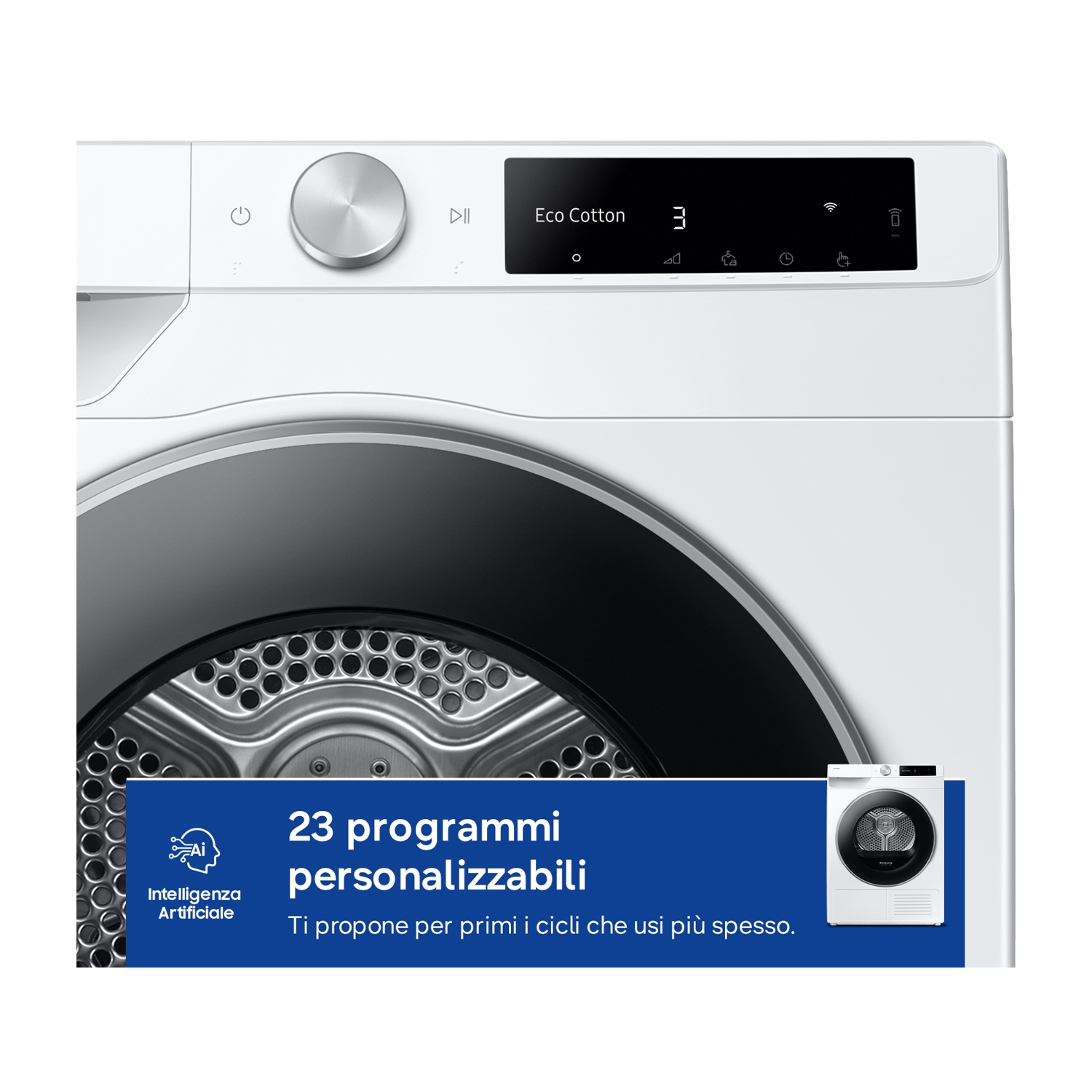 Lavatrice bianca con display digitale e banner blu per programmi AI.