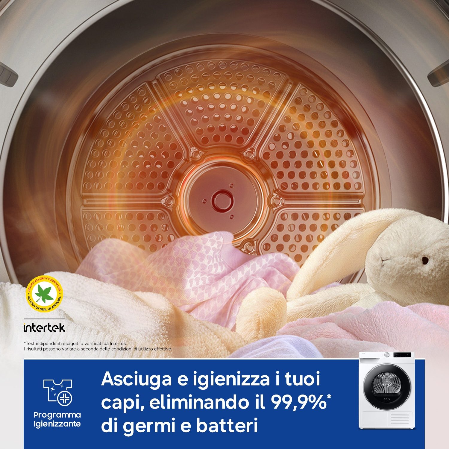 Una asciugatrice con panni e peluche, che elimina il 99,9% dei germi.