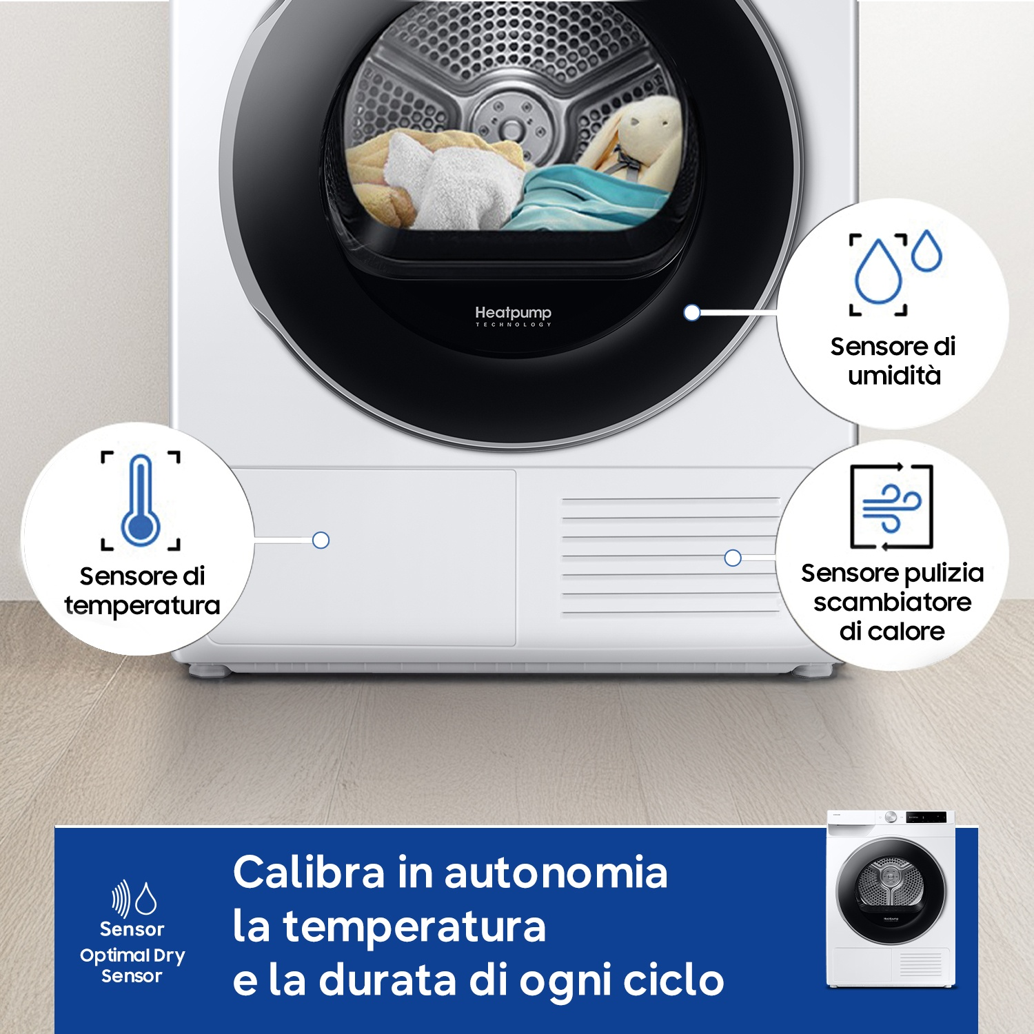 Un'asciugatrice con sensori di temperatura, umidità e pulizia scambiatore.