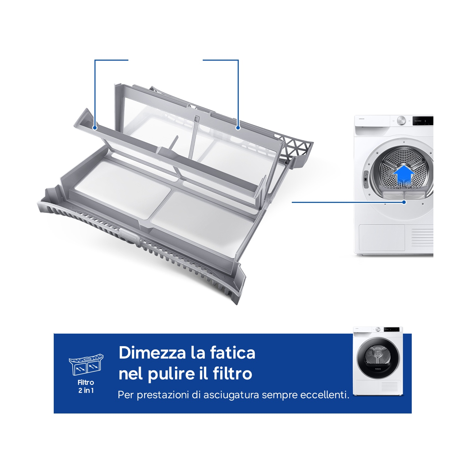 Viene mostrato un filtro per asciugatrice e un'asciugatrice bianca. Semplifica la pulizia del filtro.