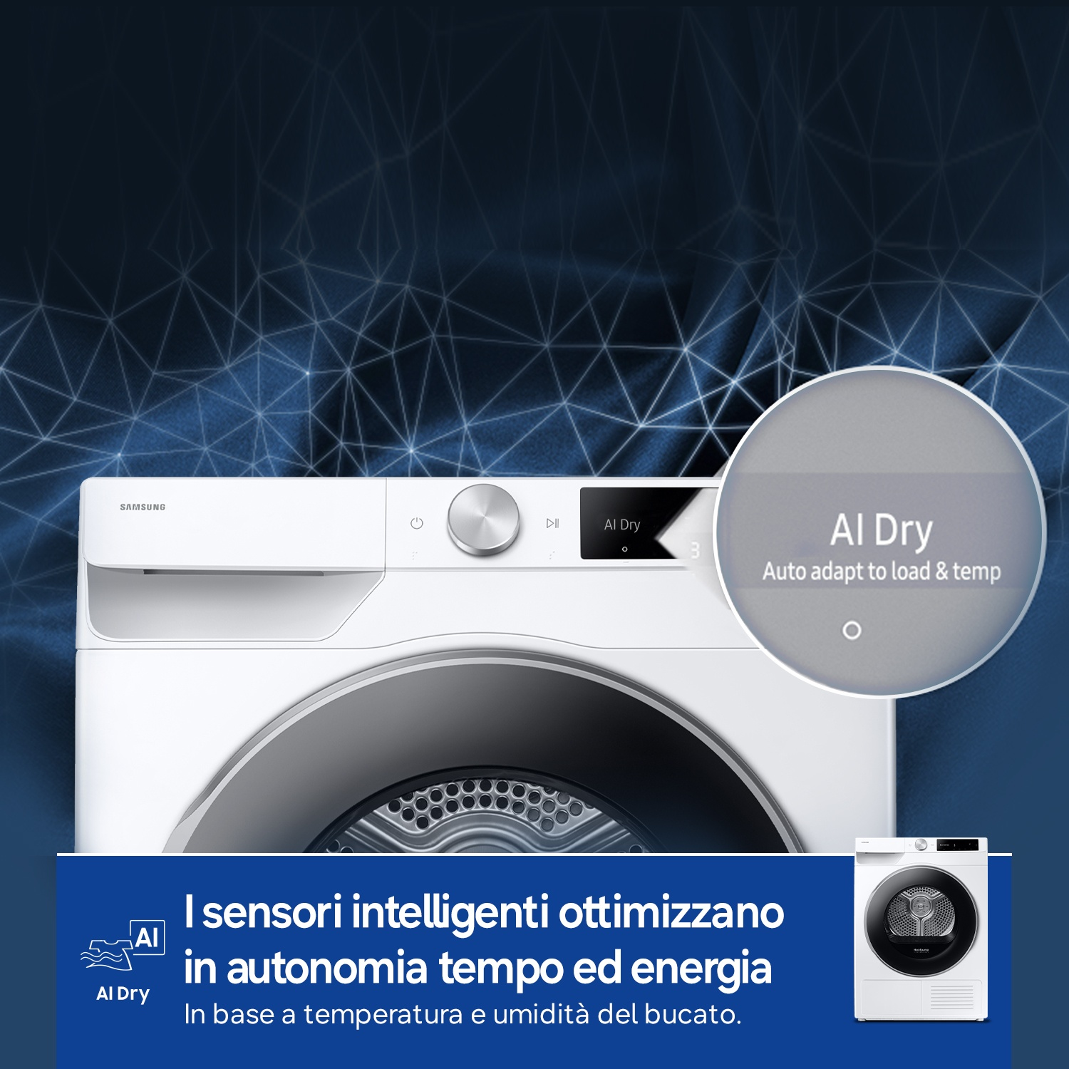 Lavatrice Samsung bianca con funzione AI Dry e display digitale.
