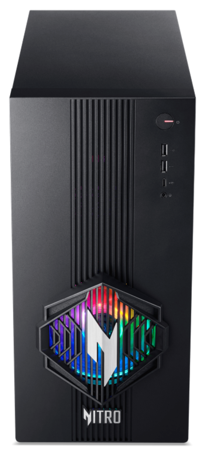 Torre de PC negra con ventiladores RGB y logo frontal.