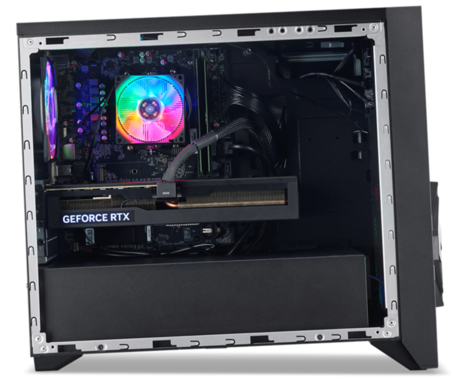 Un PC abierto con iluminación RGB: disipador de CPU, tarjeta gráfica, placa base.