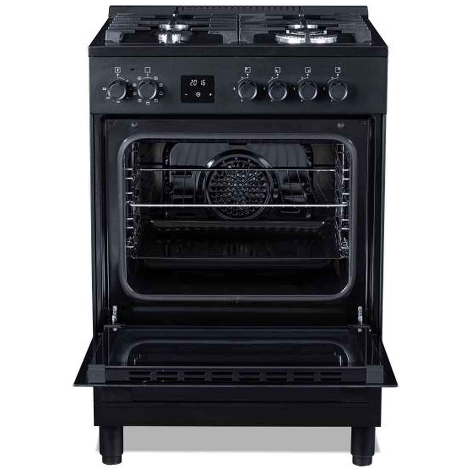 Zwarte kookplaat met open oven deur, kookplaat boven en digitaal display.
