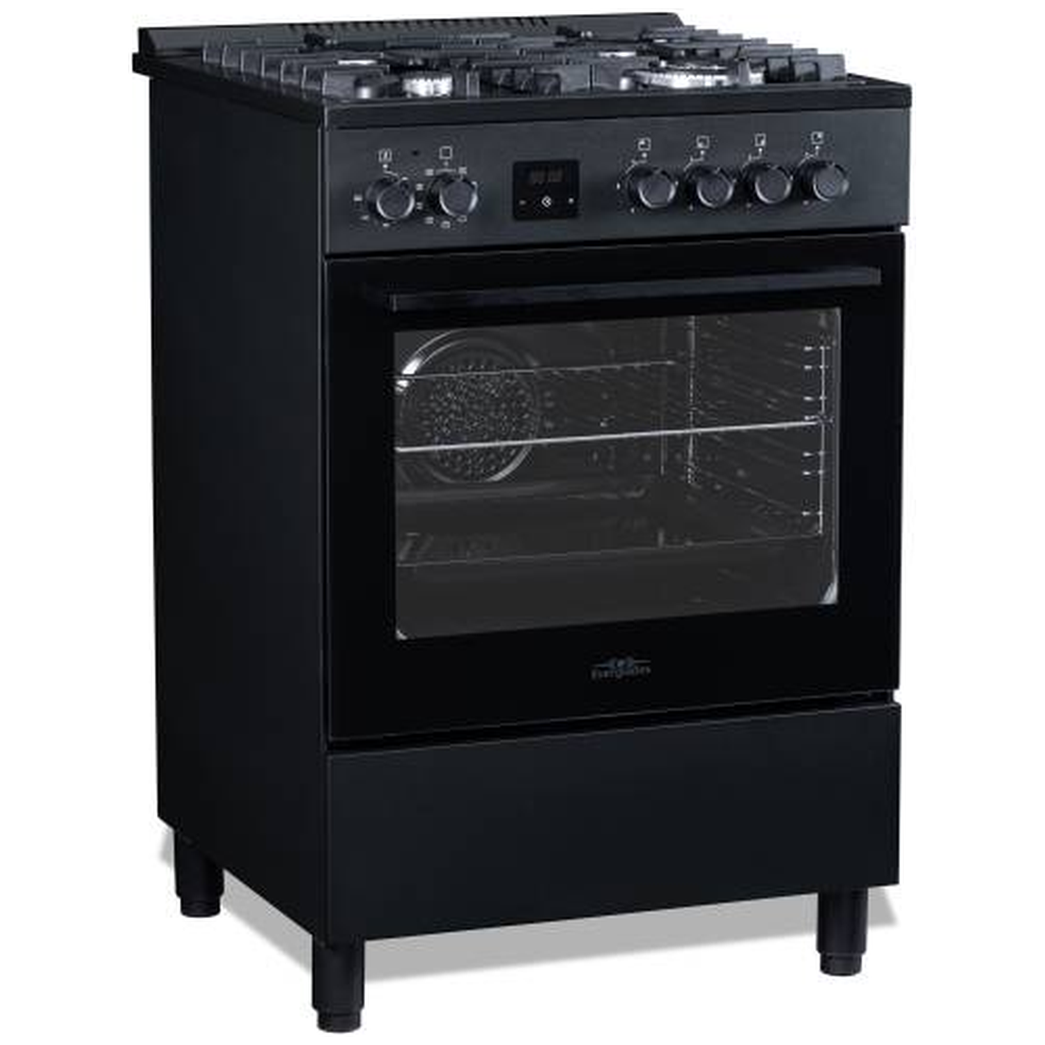 Zwarte gasfornuis met oven, roestvrijstalen accenten en bedieningsknoppen.