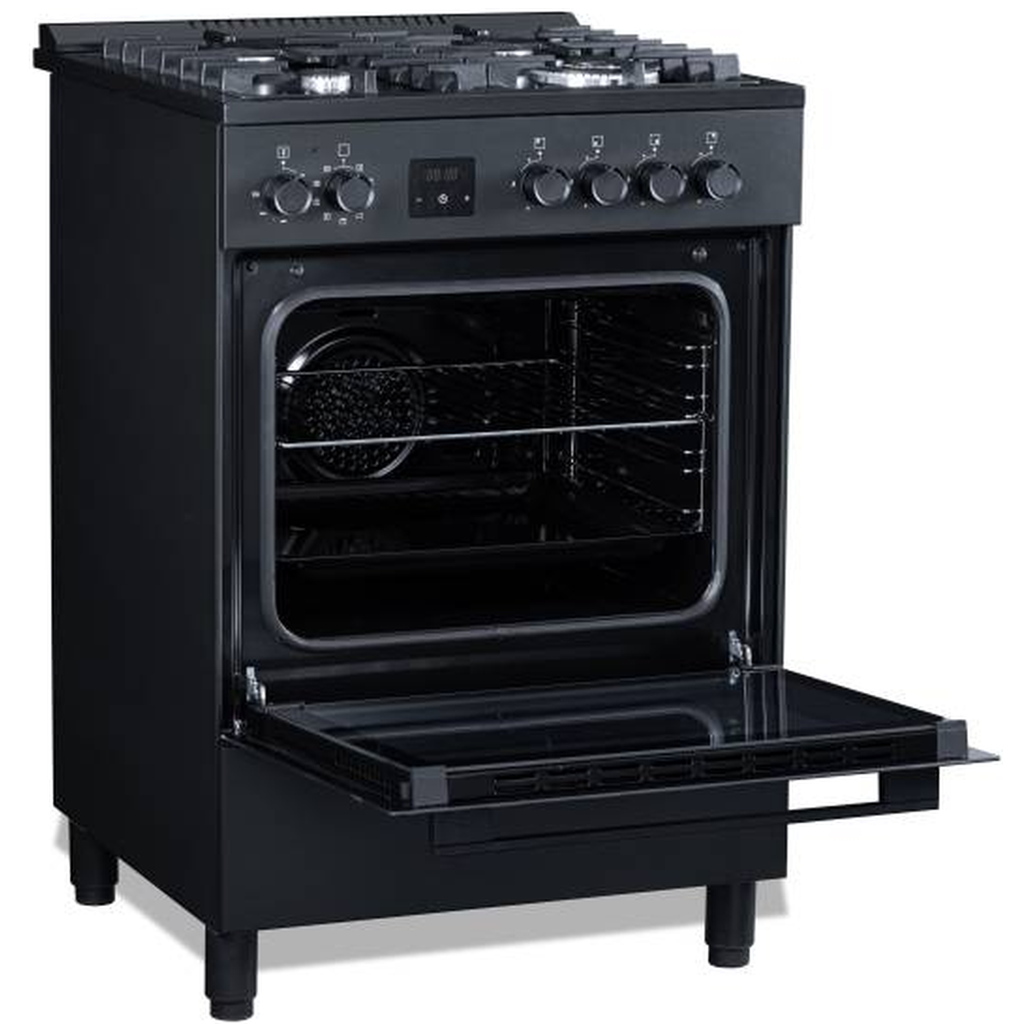 Zwarte gasfornuis met open oven deur en zichtbaar kookoppervlak.