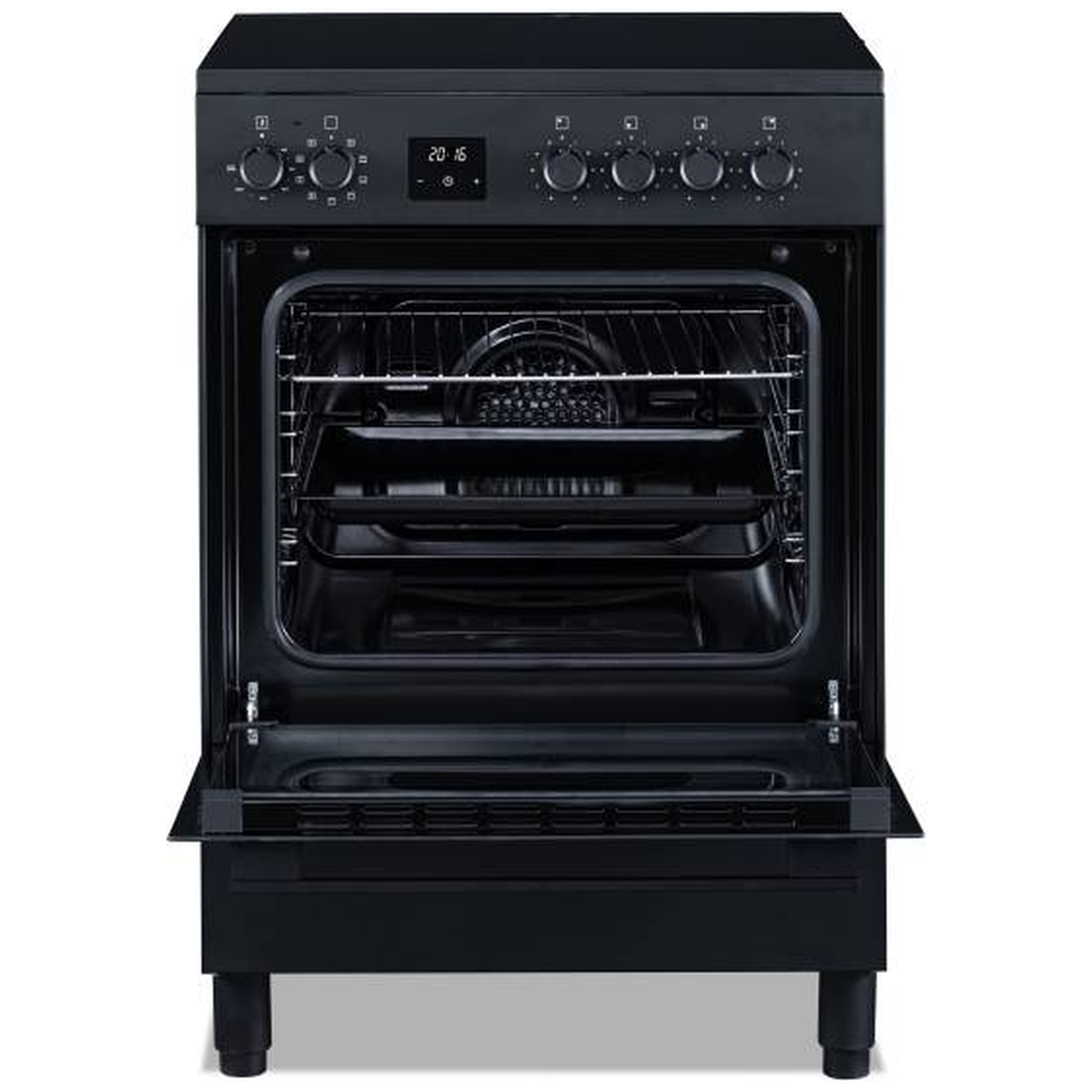 A black oven with its door open, showing racks and baking trays inside.