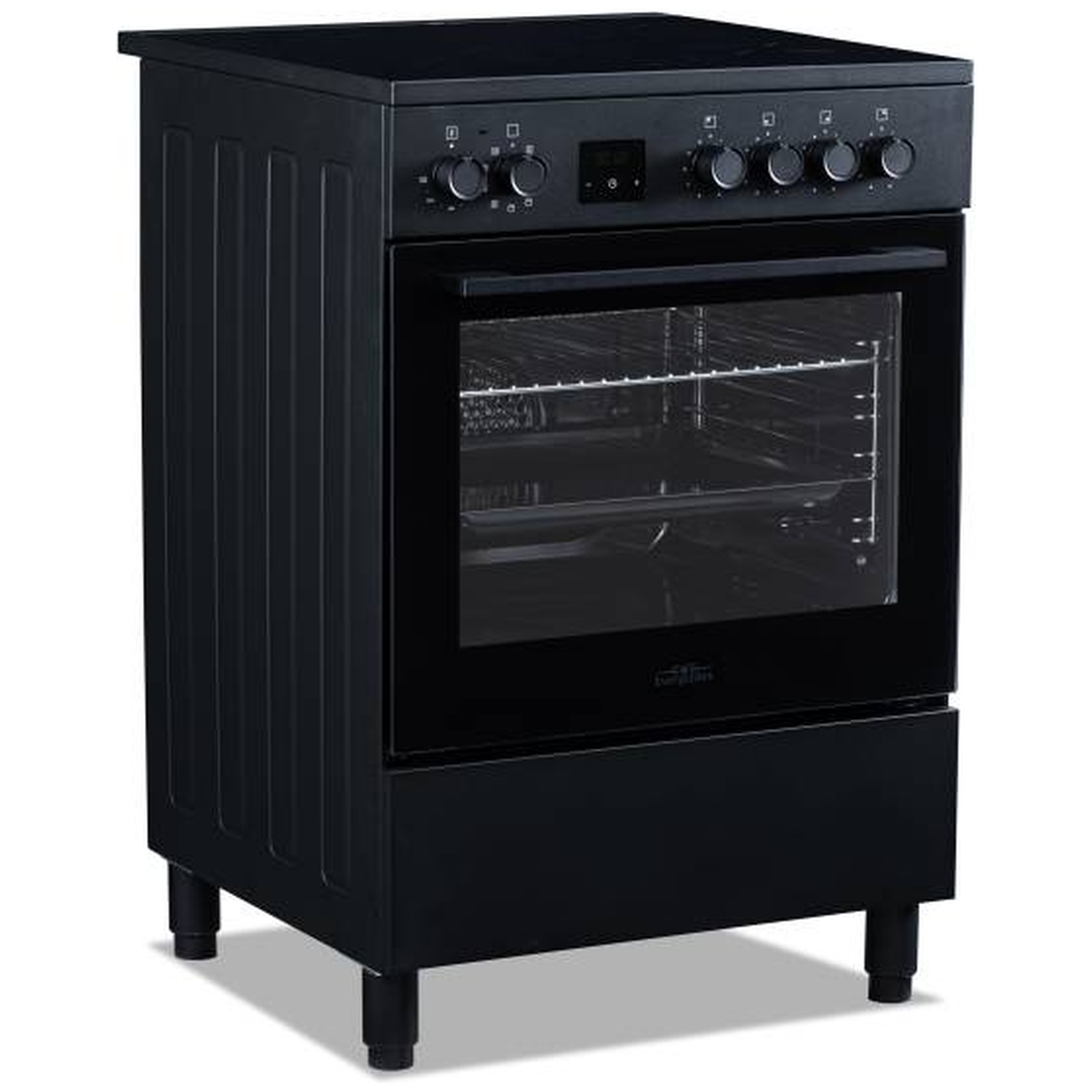 Black oven with a glass door and controls on top. Stands on four legs.