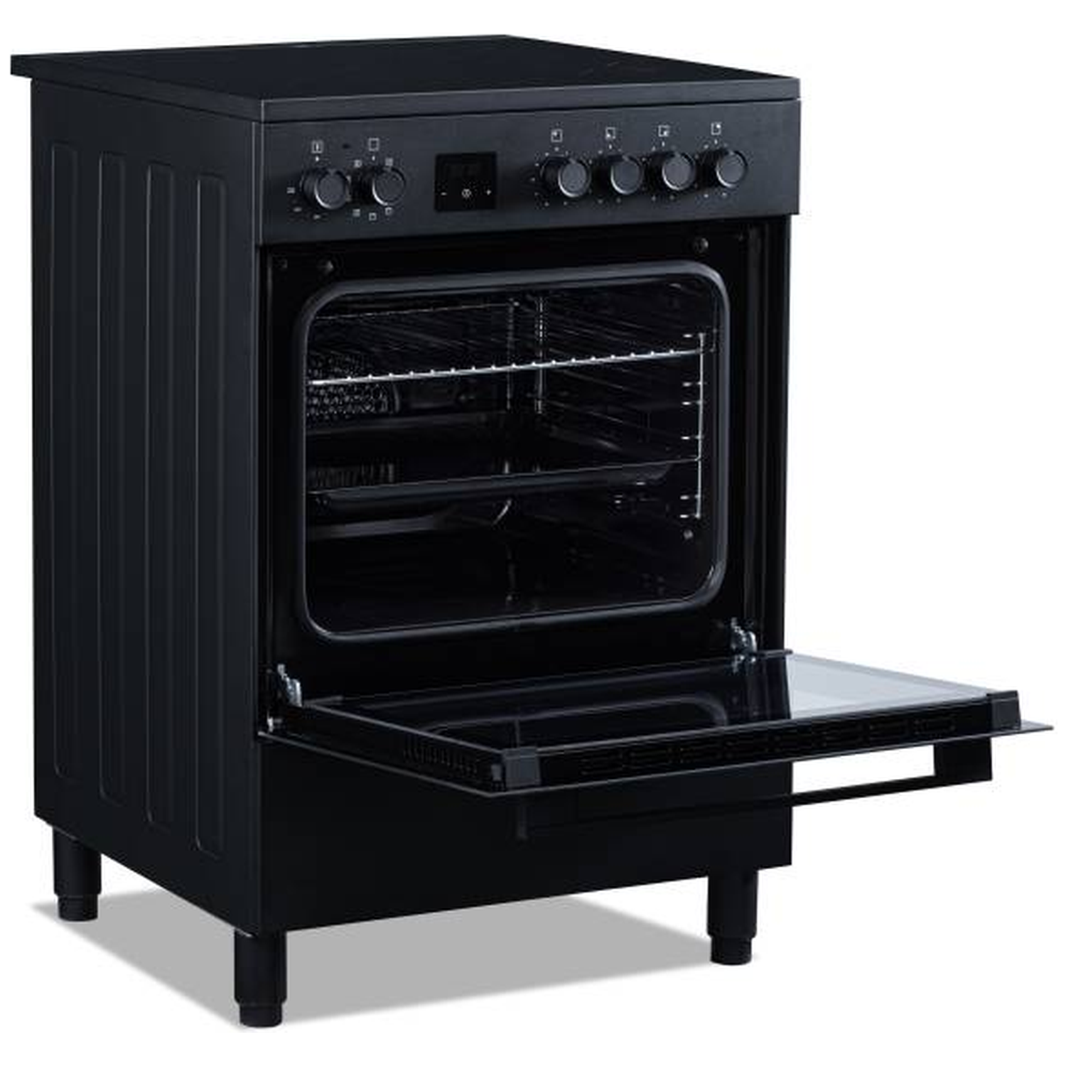 Black oven with open door, showing racks inside.