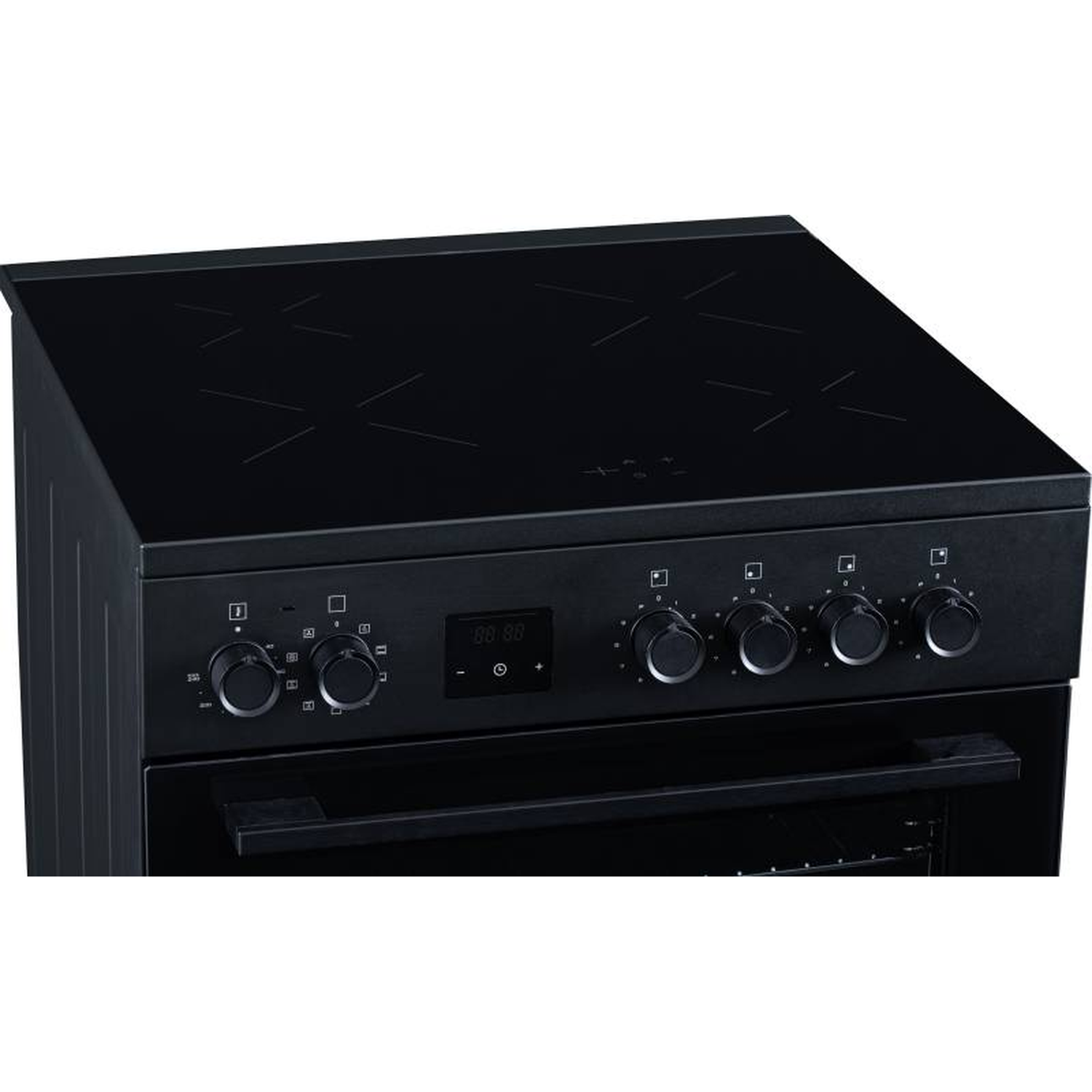 Black stove with hob zones, control knobs, and digital display.