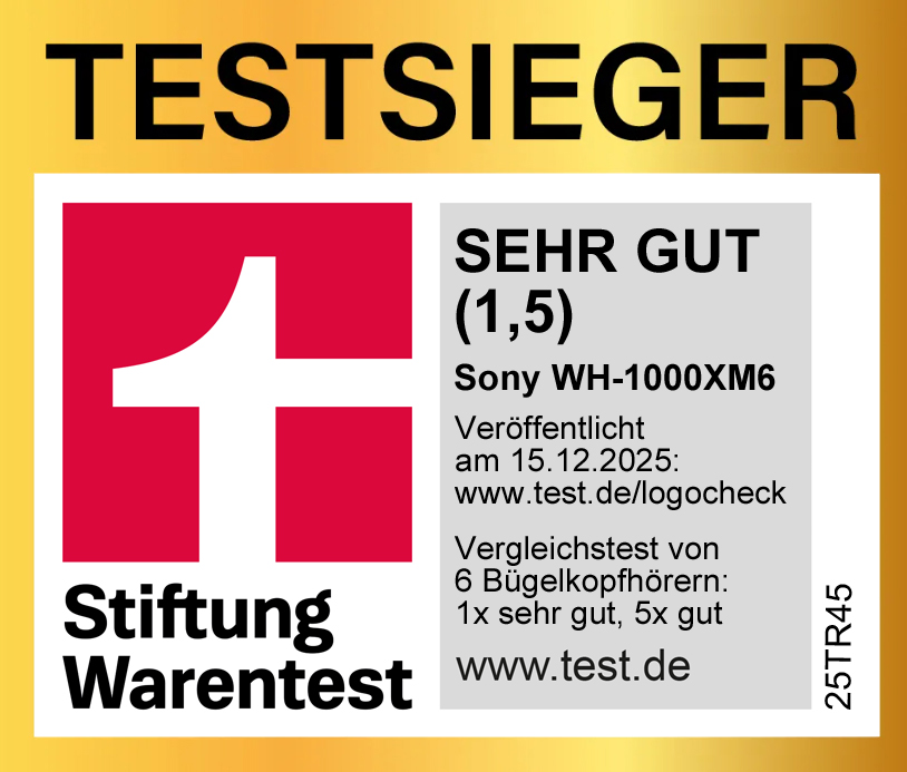 Testsiegellabel mit 'Sehr gut (1,5)' für Sony WH-1000XM6 von Stiftung Warentest.