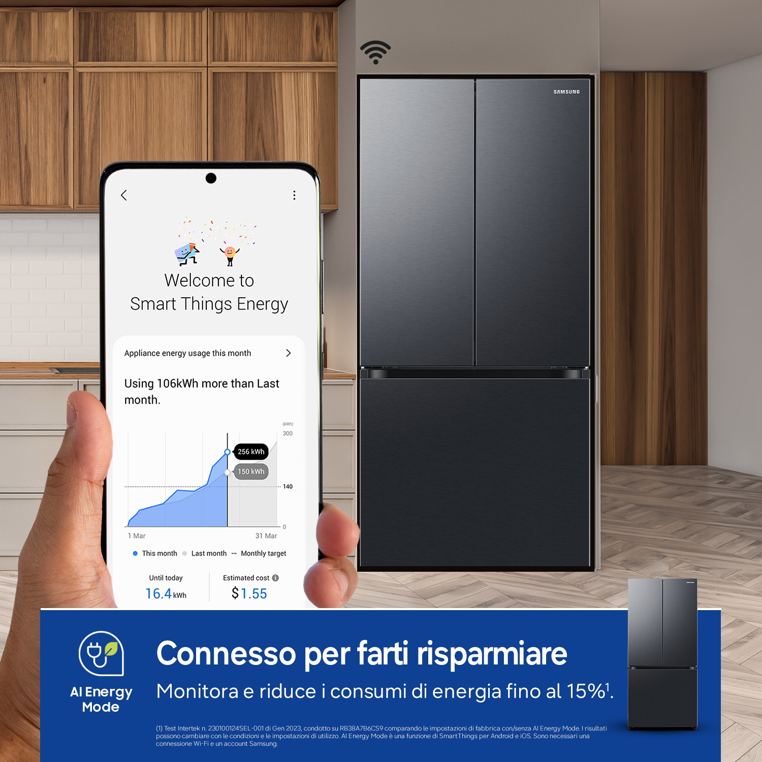 Uno smartphone mostra l'app 'Smart Things Energy' con dati di utilizzo, accanto a un frigorifero Samsung nero.
