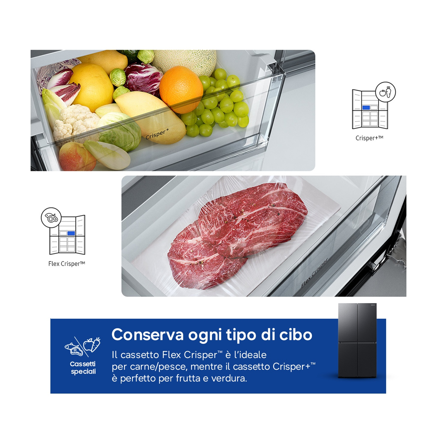 Un cassetto del frigorifero con frutta e verdura, accanto a carne cruda avvolta in plastica.