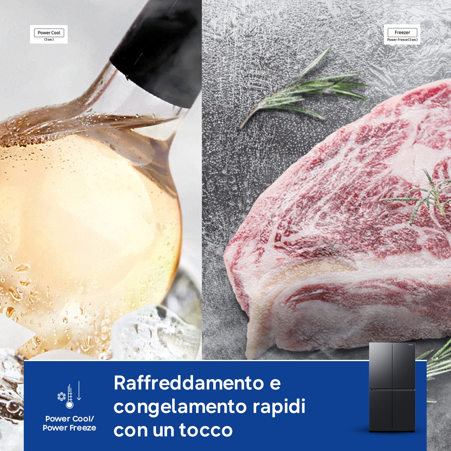Un bicchiere di liquido con cubetti di ghiaccio accanto a carne cruda e un frigorifero.