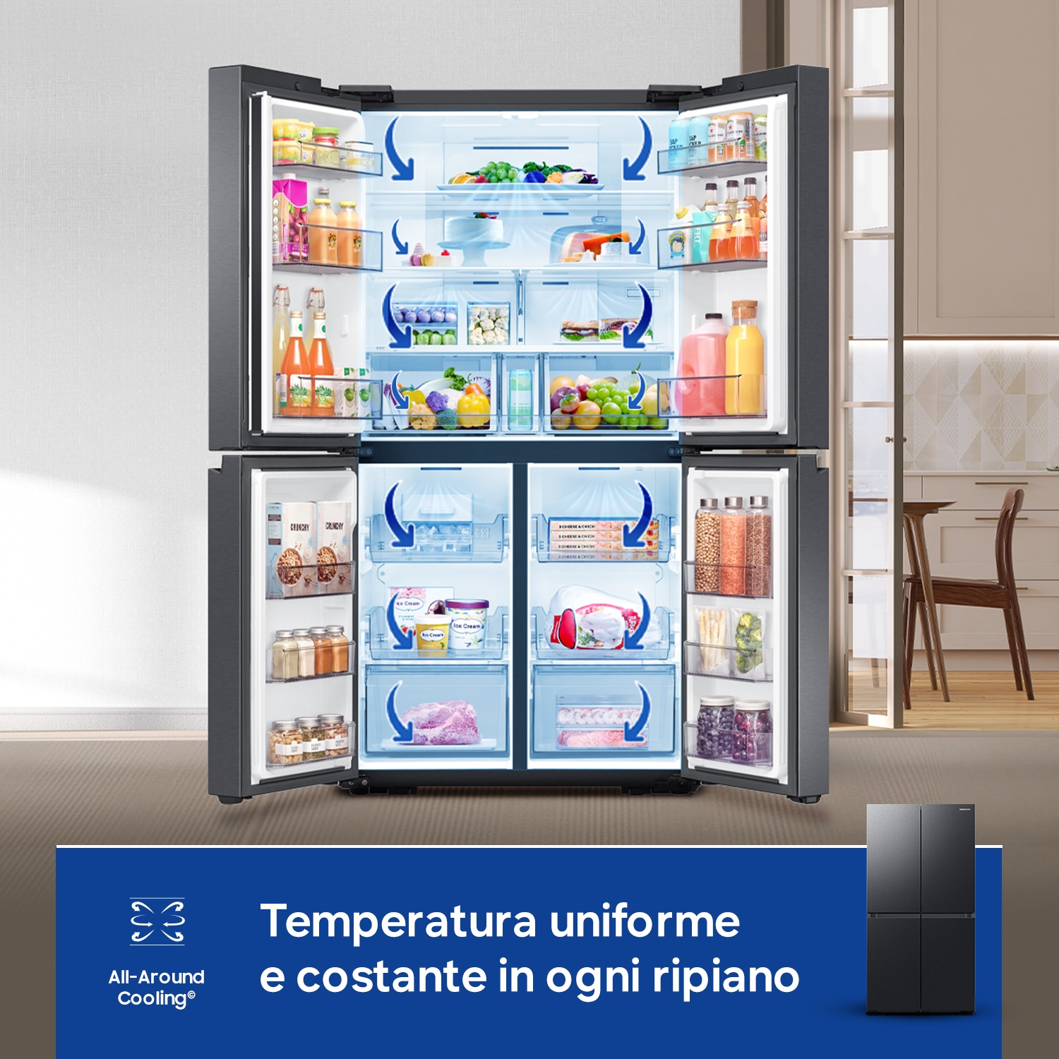 Un frigorifero aperto pieno di cibo, con diagrammi di flusso del raffreddamento.