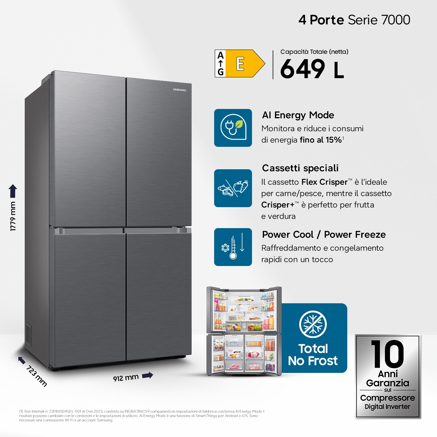 Frigorifero Samsung 4 porte Serie 7000, 649L, con AI Energy Mode, Flex Crisper e Power Cool.
