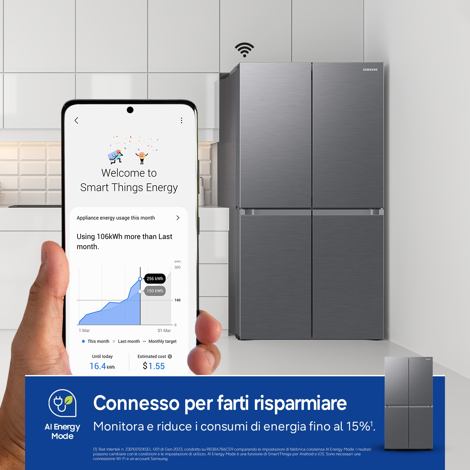 Uno smartphone mostra l'app Smart Things Energy. Un frigorifero sullo sfondo.