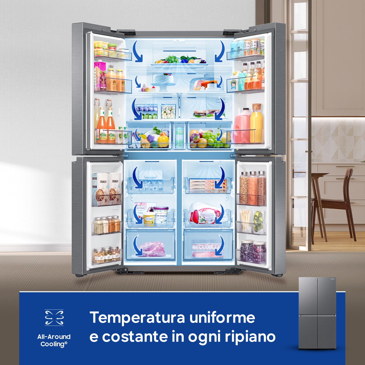 Un frigorifero aperto pieno di cibo e frecce di raffreddamento blu.