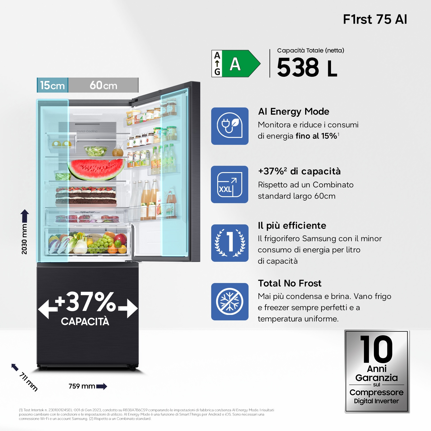 Frigorifero Samsung 538L, Classe A, Modalità AI Energy, 37% di capacità in più. Garanzia 10 anni.