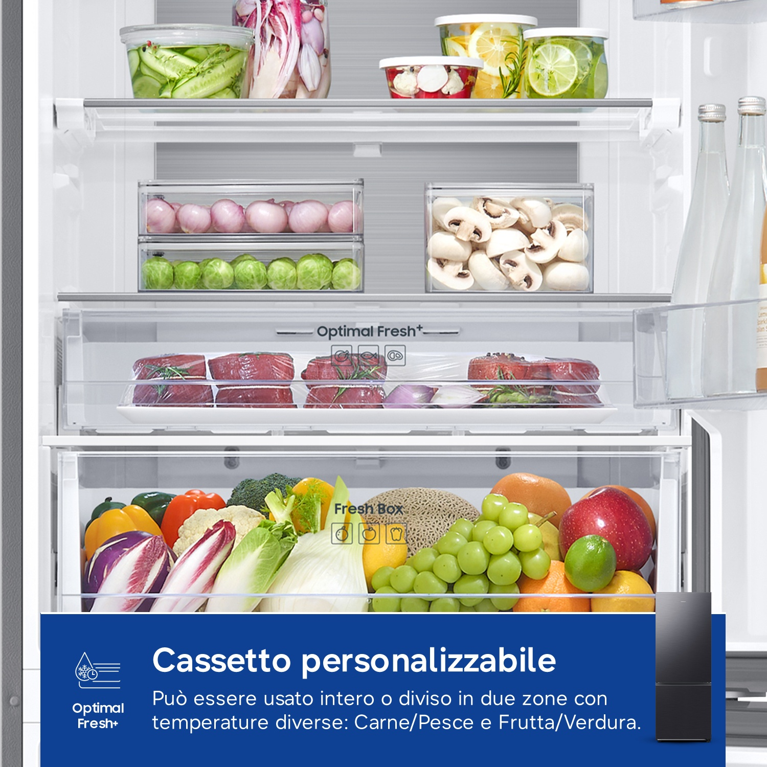 Un frigorifero aperto pieno di frutta, verdura, carne e bevande.