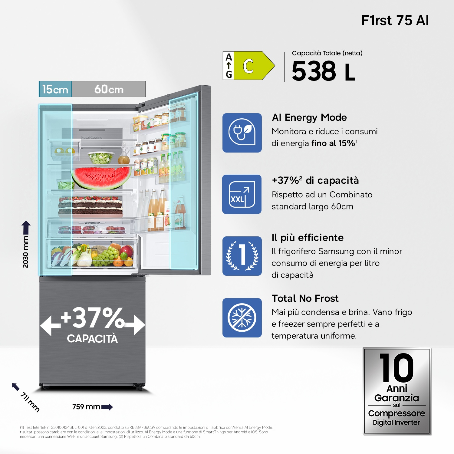 Frigorifero Samsung F1rst 75 AI, 538L, Classe C, garanzia 10 anni.