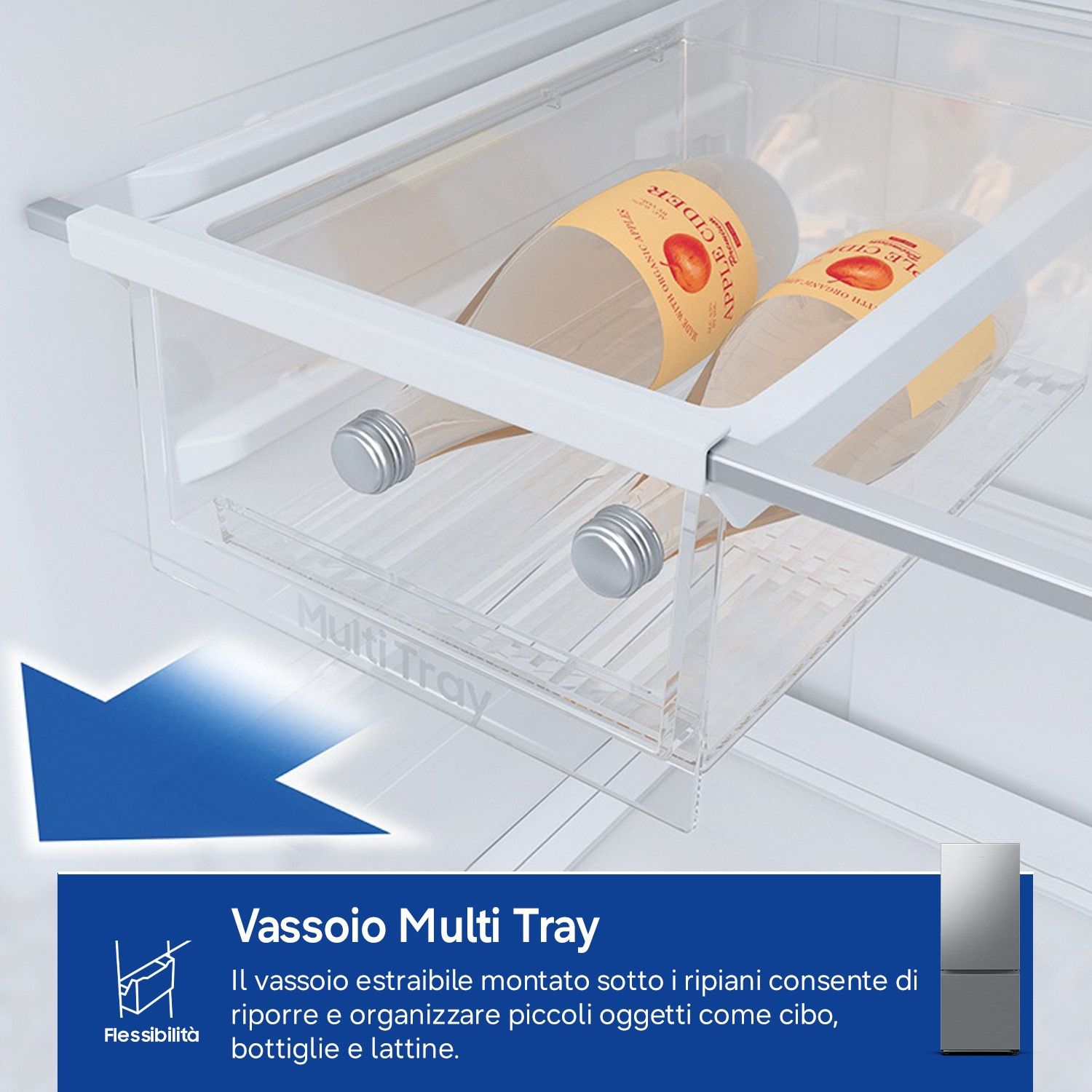 Un cassetto trasparente per frigorifero, etichettato "Multi Tray", con due bottiglie di sidro.