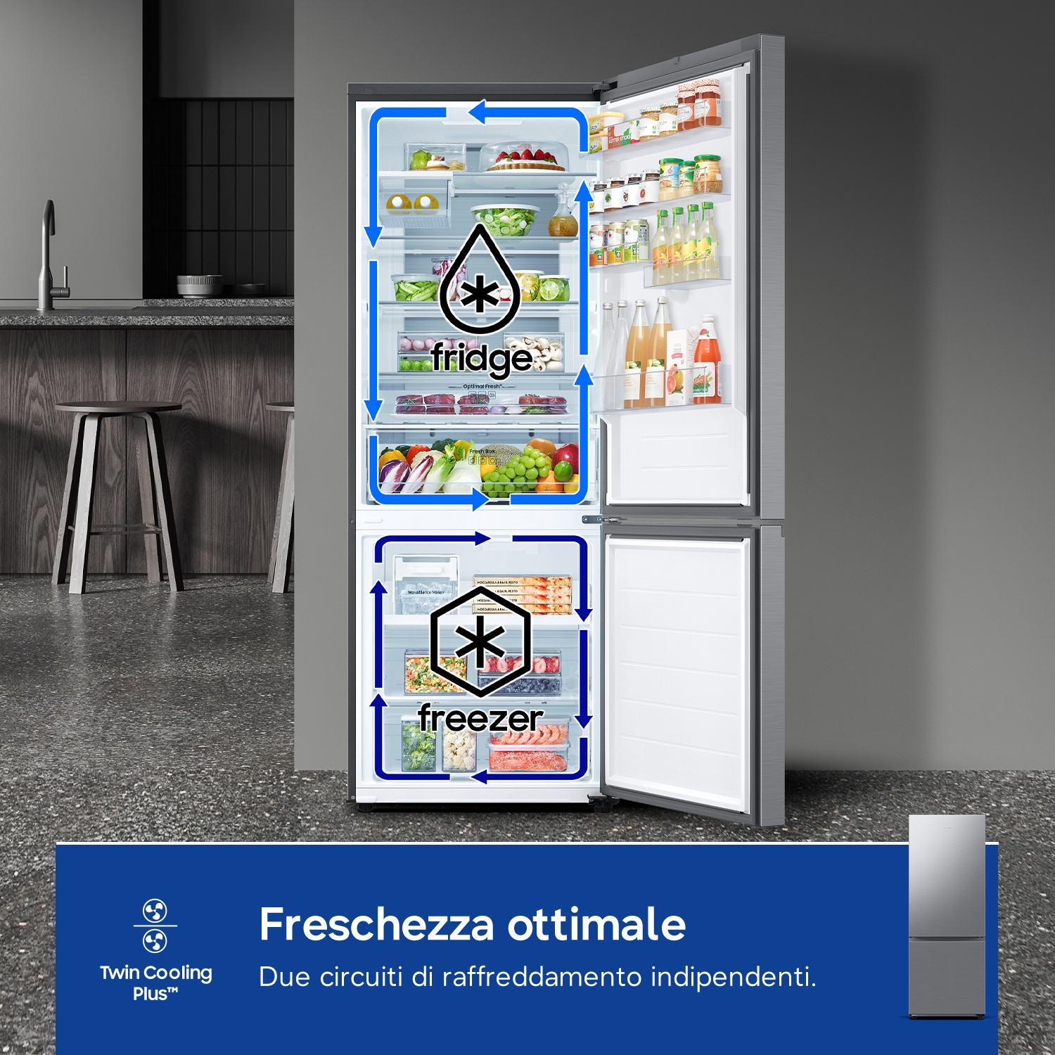 Un frigorifero aperto pieno di cibo, con frecce del circuito di raffreddamento.