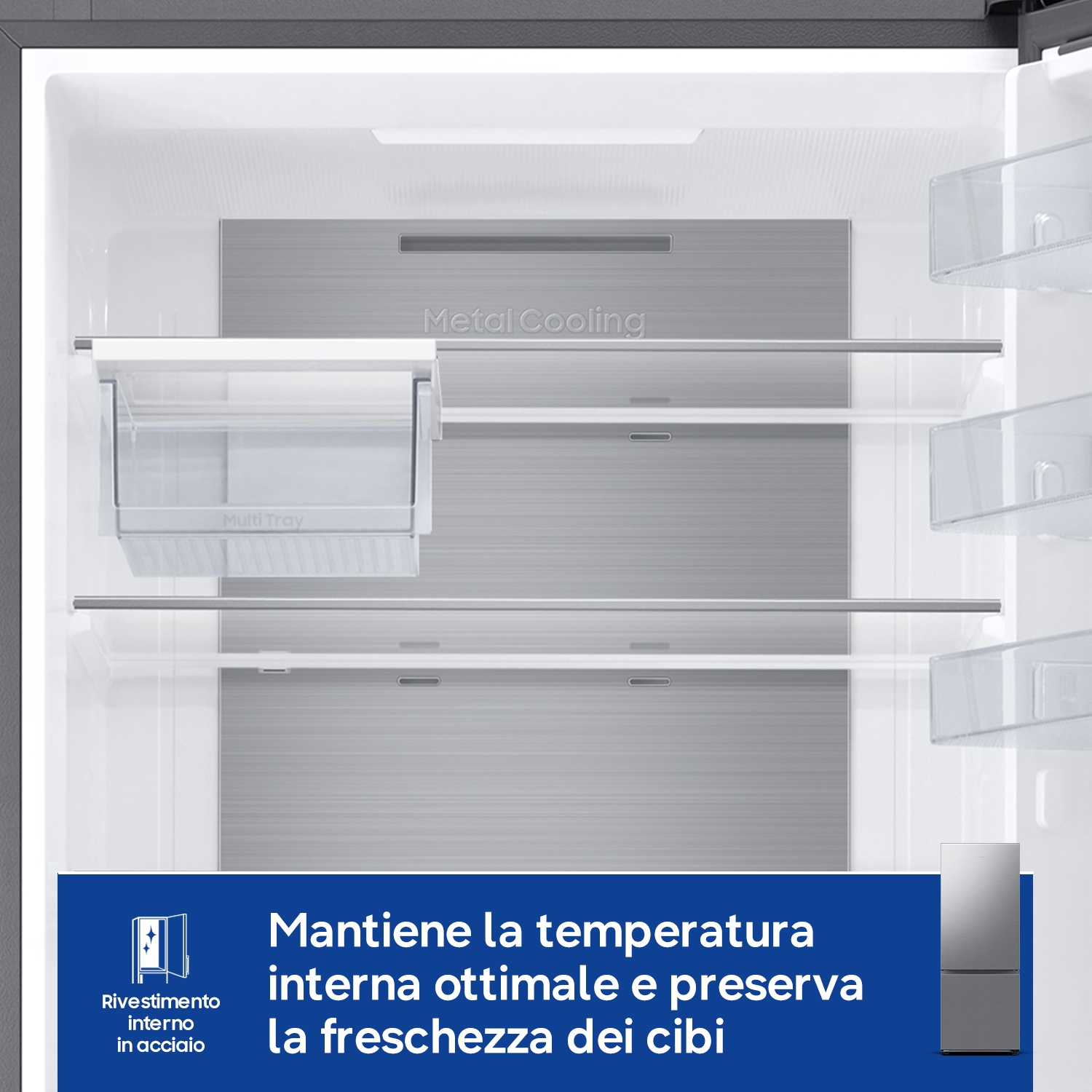 Frigorifero vuoto con Metal Cooling e Multi Tray. Box informativo blu in basso.
