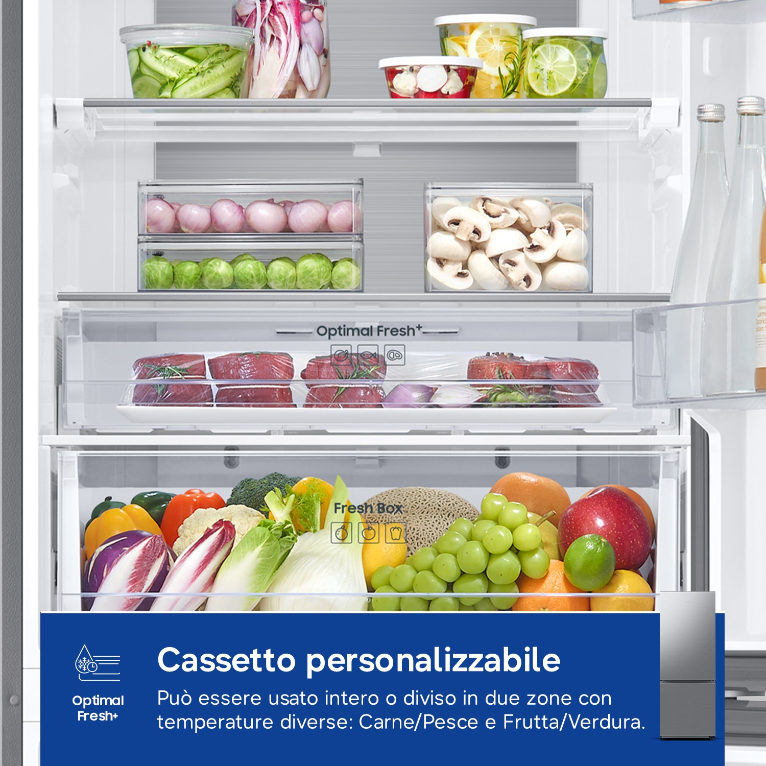 Interno frigorifero con frutta, verdura, carne e bottiglie sugli scaffali.