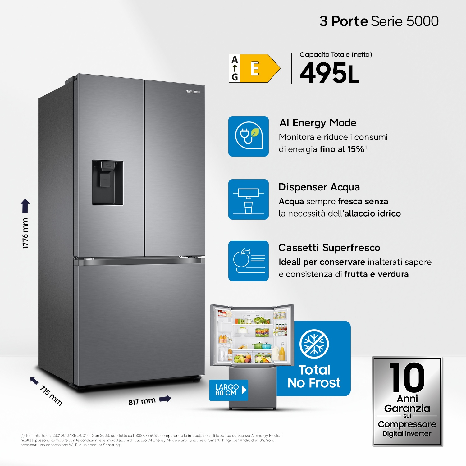 Frigorifero Samsung grigio a tre porte con dispenser d'acqua e classe energetica E.