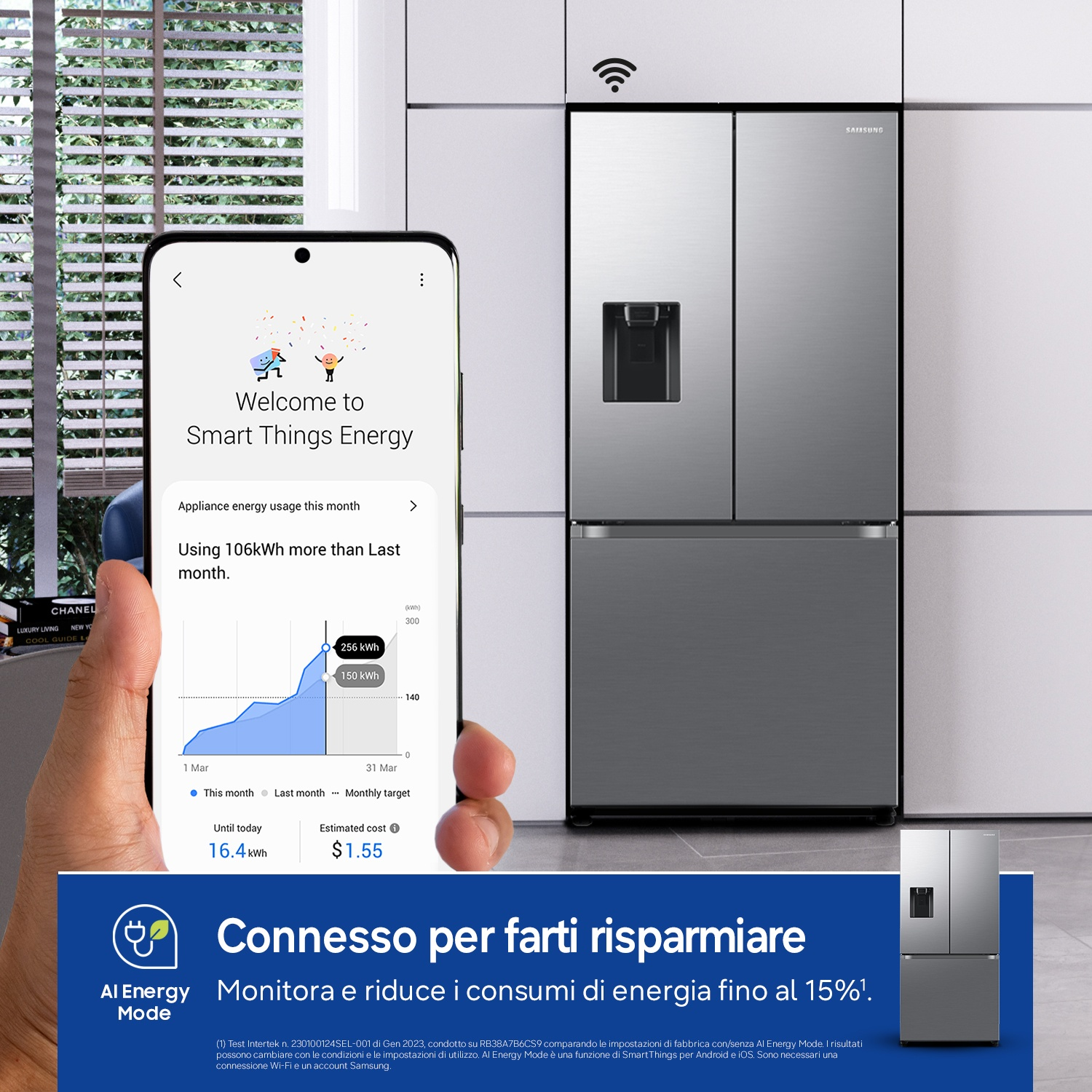 Viene mostrato un frigorifero Samsung con l'app Smart Things Energy.