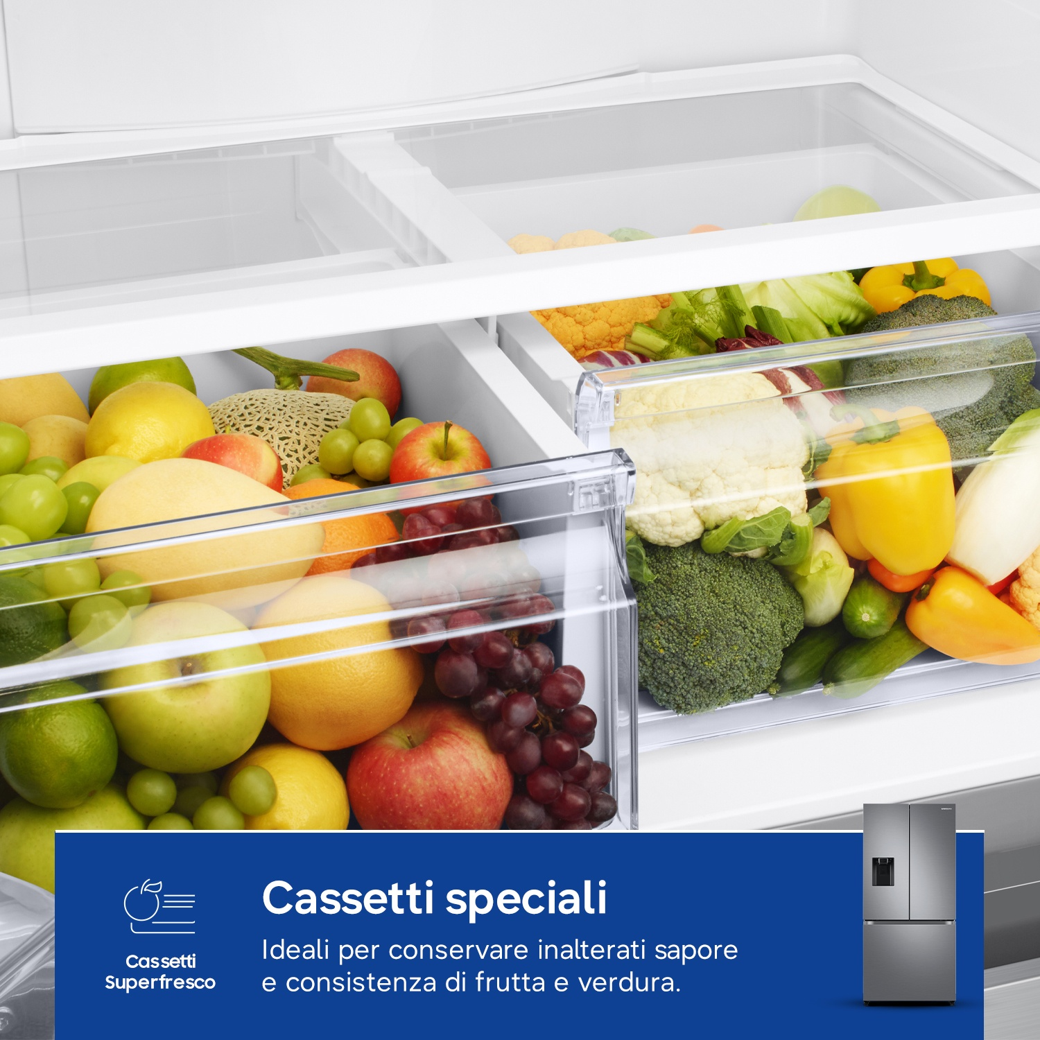 Cassetti del frigorifero con frutta e verdura.