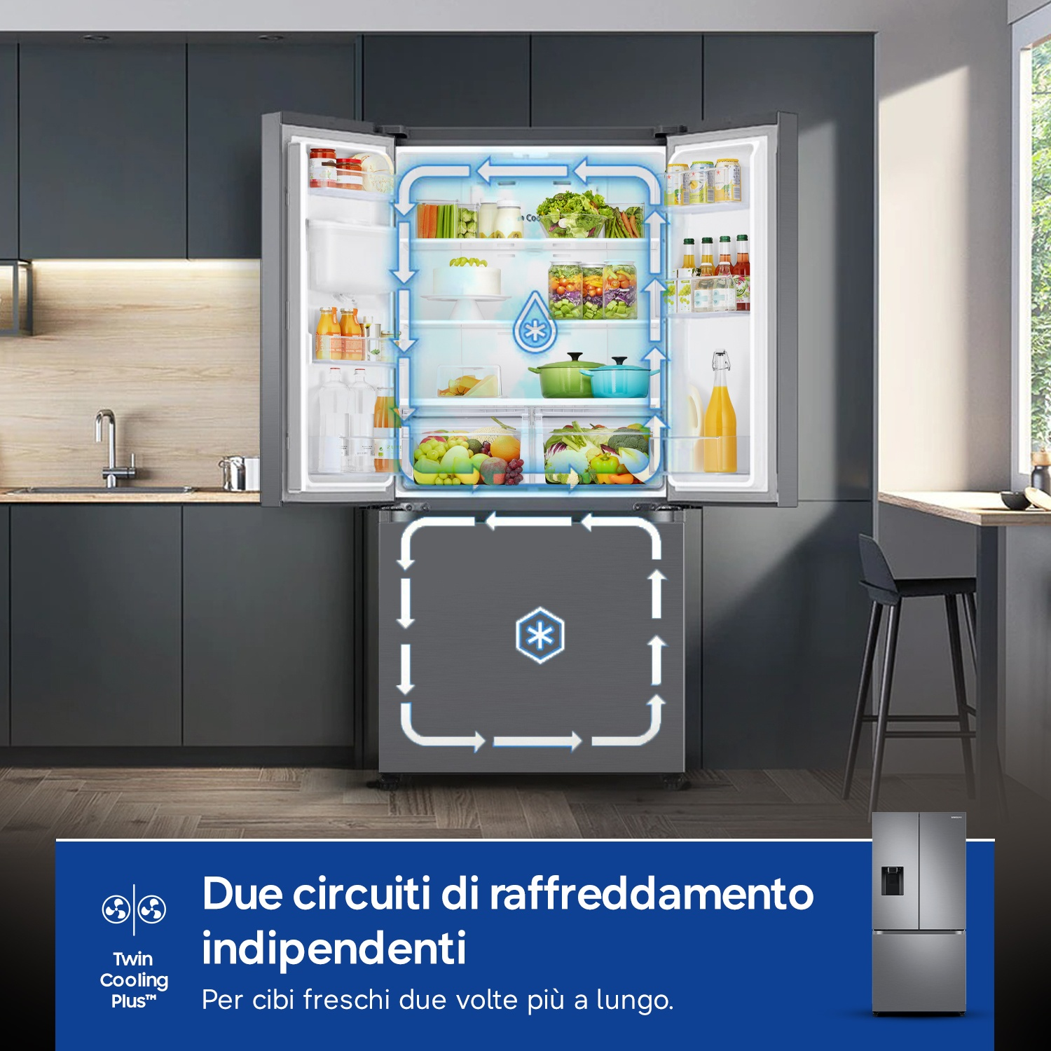 Frigorifero aperto con cibo e animazione del sistema di raffreddamento.