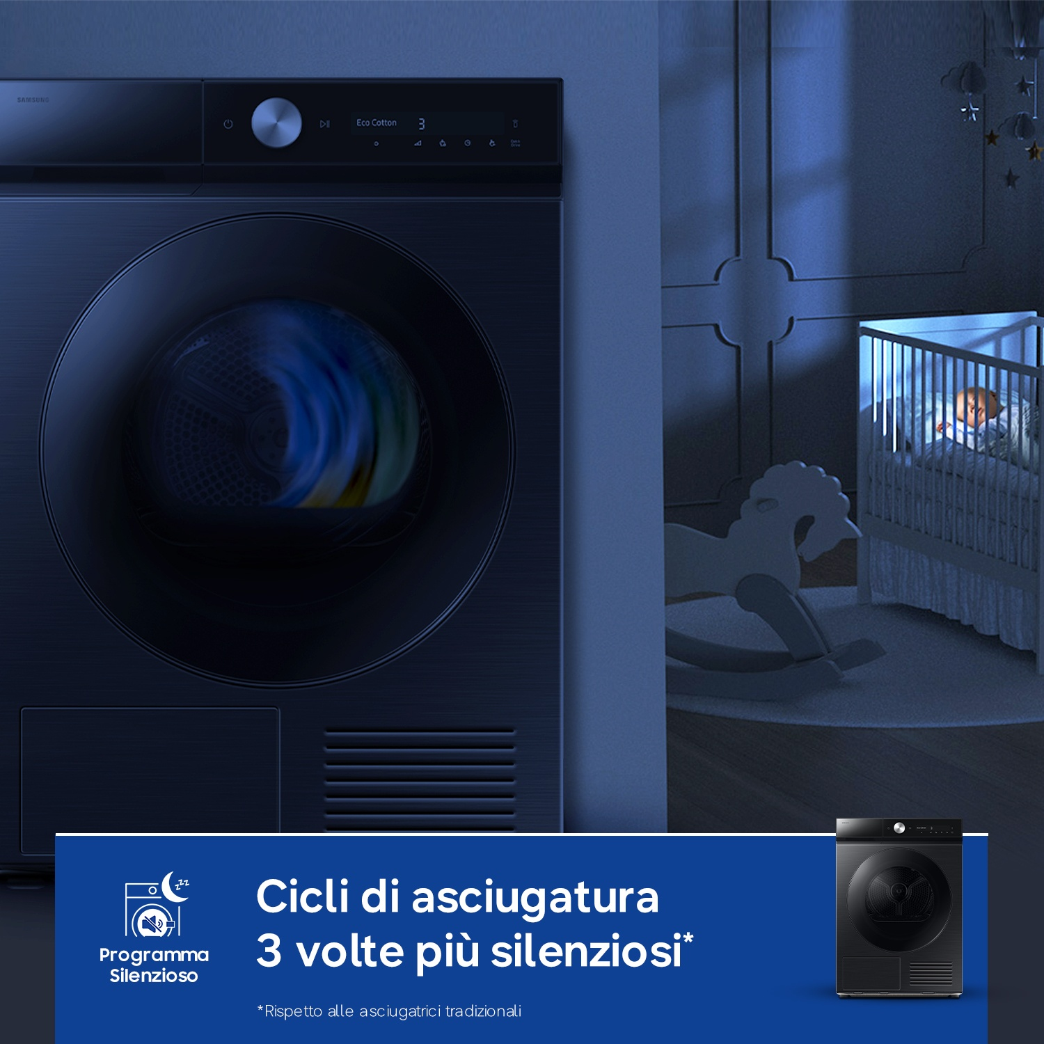 Una scena buia mostra una lavatrice Samsung e una culla con un bambino.