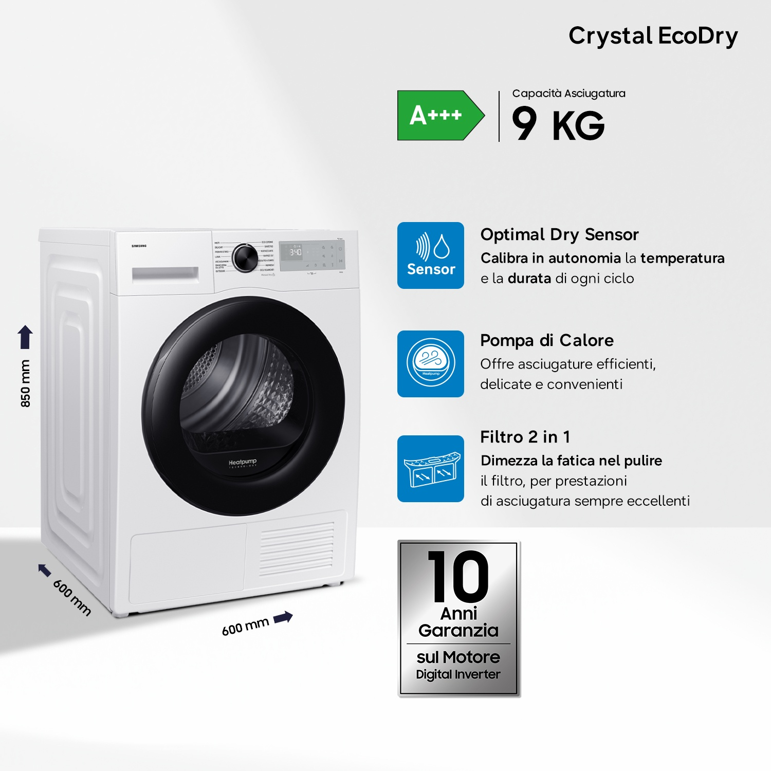 Asciugatrice Samsung bianca, 9kg, A+++, con sensore Optimal Dry e pompa di calore.