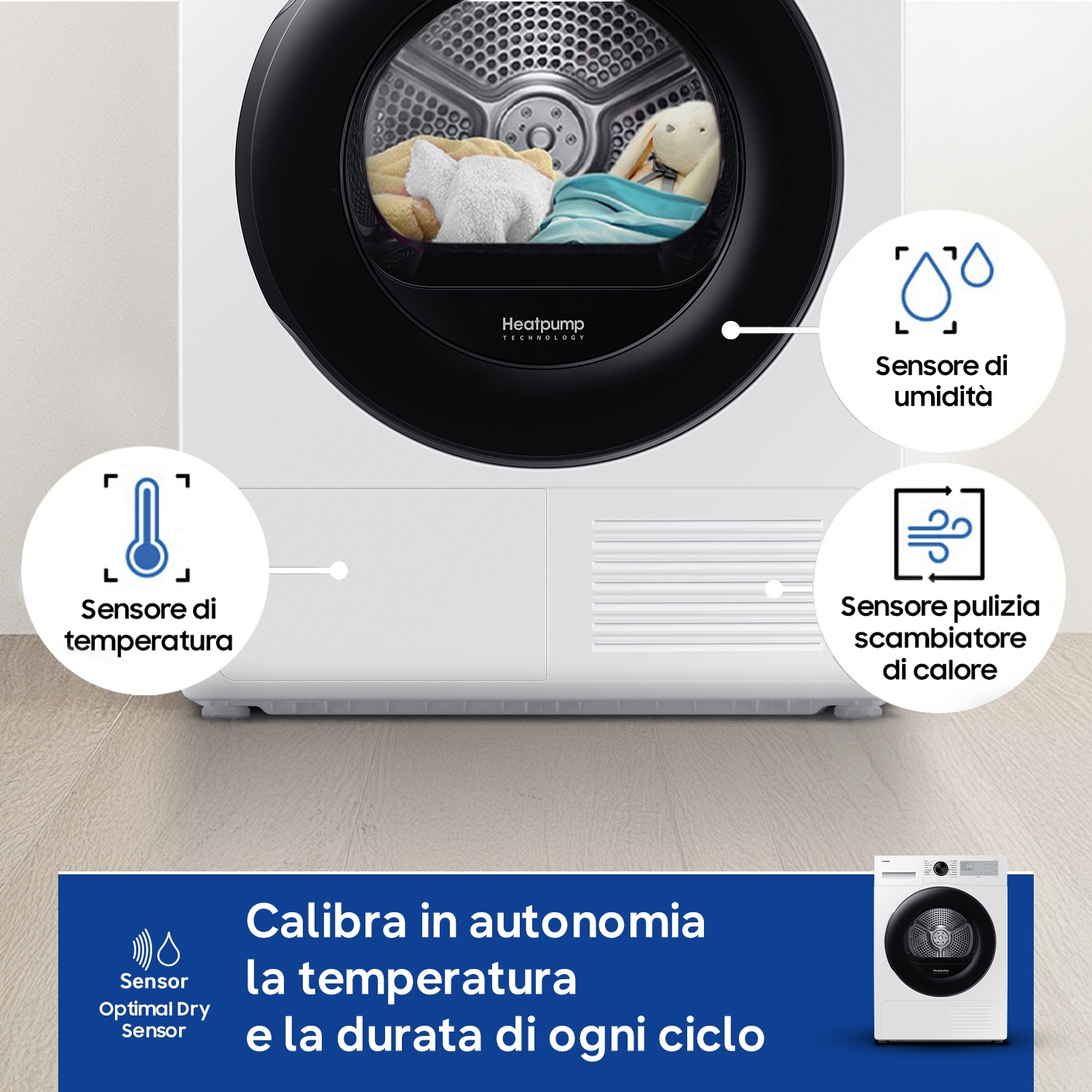 Un'asciugatrice con sensori per temperatura, umidità e pulizia scambiatore.