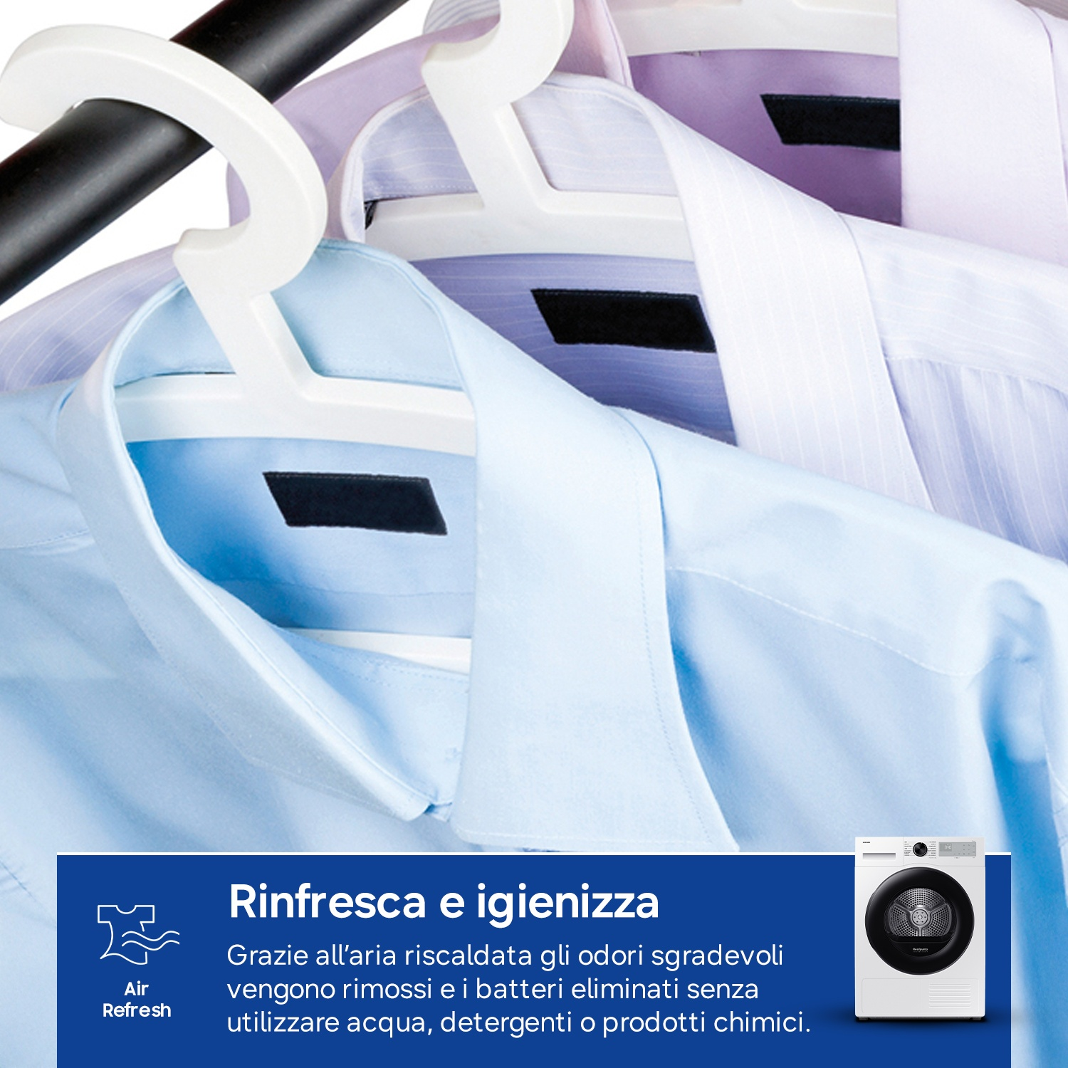 Camicie su grucce, un'asciugatrice e un'icona rinfresca aria.