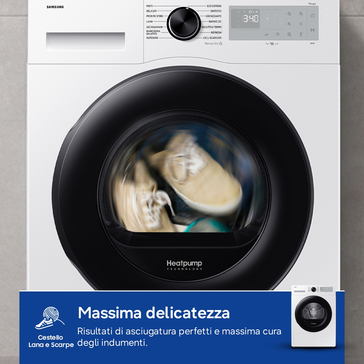 Lavatrice Samsung bianca con oblò nero, scarpe che girano all'interno.