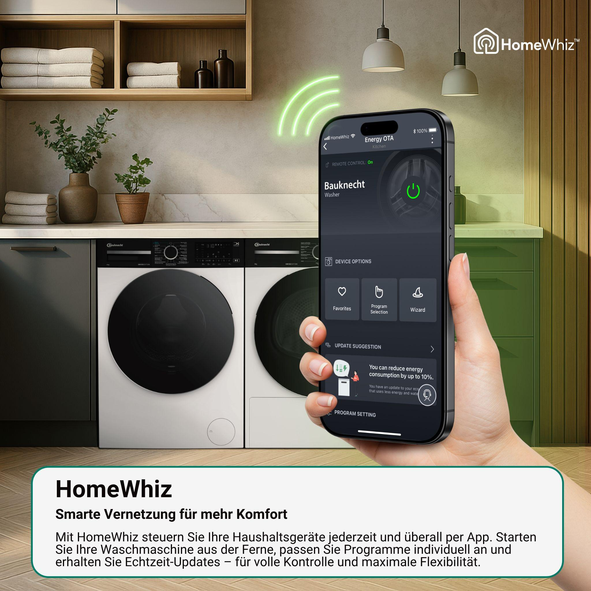 Eine Hand hält ein Smartphone mit der HomeWhiz App, die zwei Waschmaschinen in einem modernen Waschraum steuert.