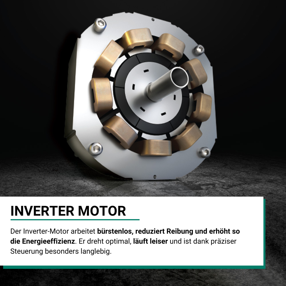 Nahaufnahme eines silbernen Inverter-Motors mit bronzefarbenen Komponenten auf dunklem, strukturiertem Hintergrund.