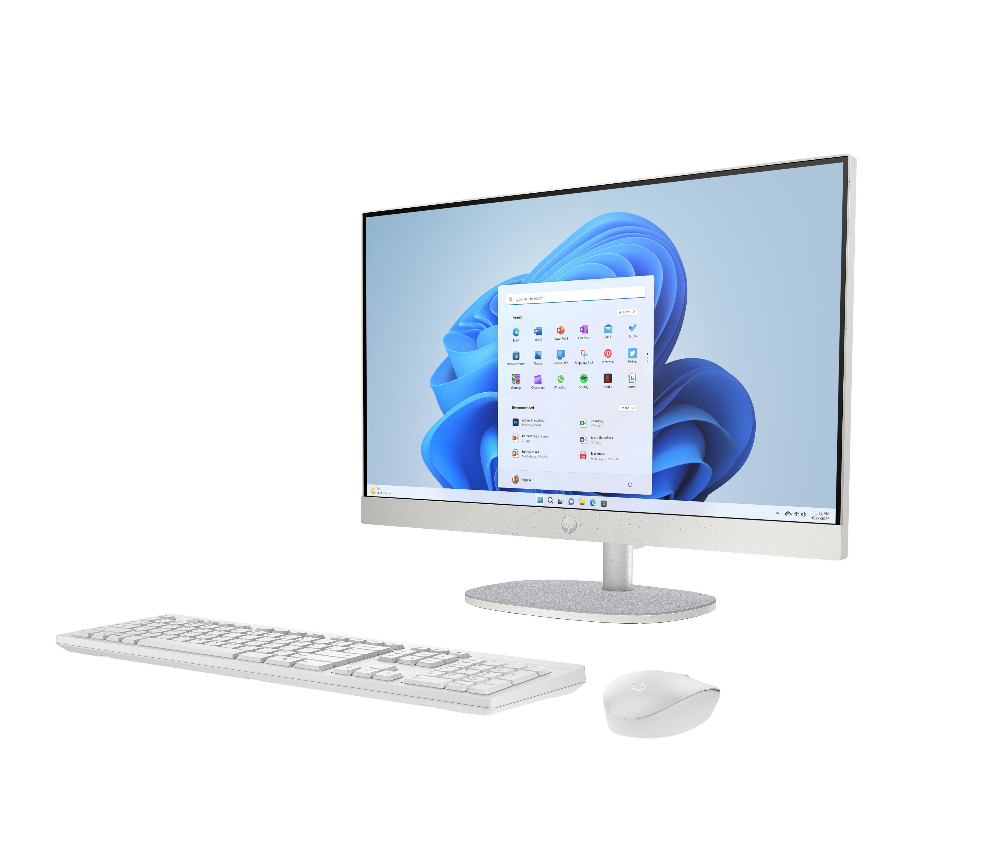 A white HP all-in-one computer with keyboard and mouse on a black background.