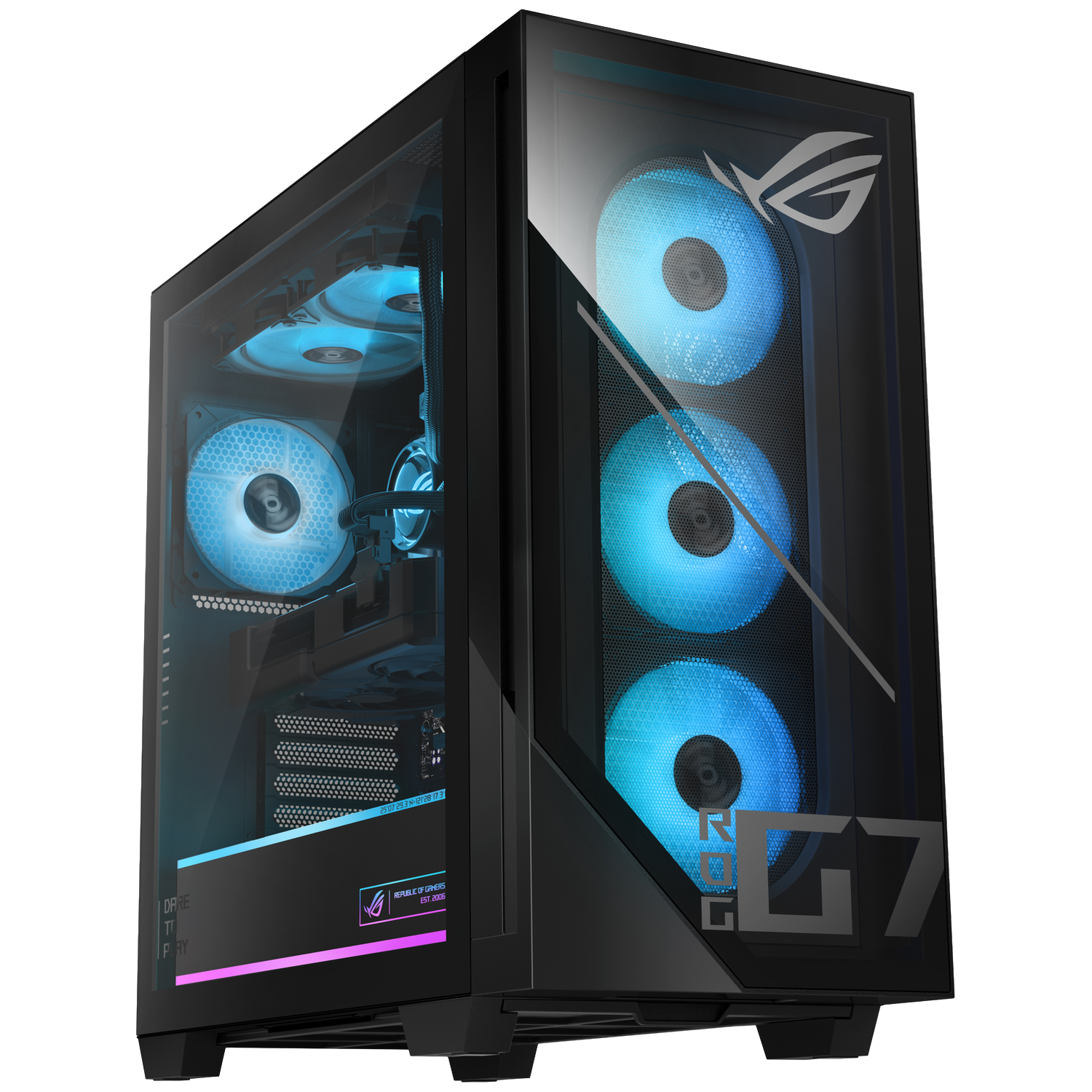 Een zwarte gaming-pc met verlichte ventilatoren en glazen panelen.