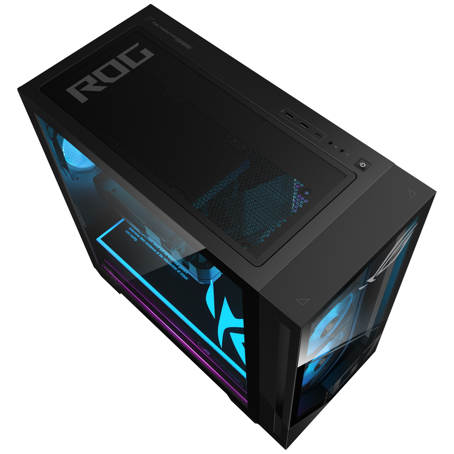 Zwarte PC-kast met ROG-logo, blauw verlicht. Glazen voorkant.