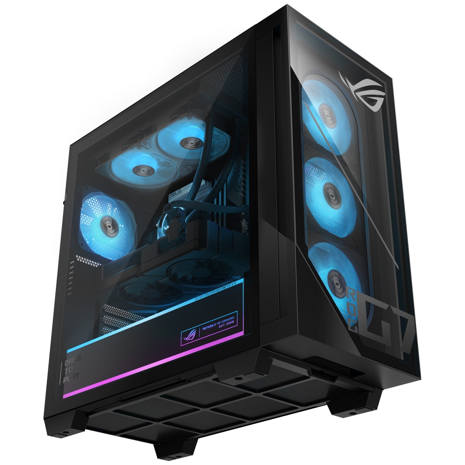 Zwarte gaming pc met blauwe ventilatoren en glazen ramen. ROG logo.